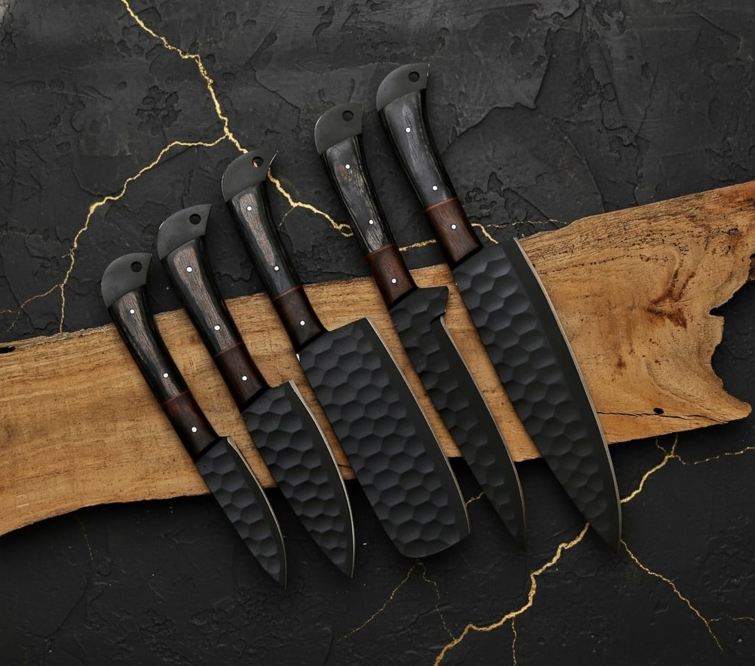 5pc Hand Forged Carbon Steel Kitchen Knife Set with Sheaths Custom Cutlery - 3