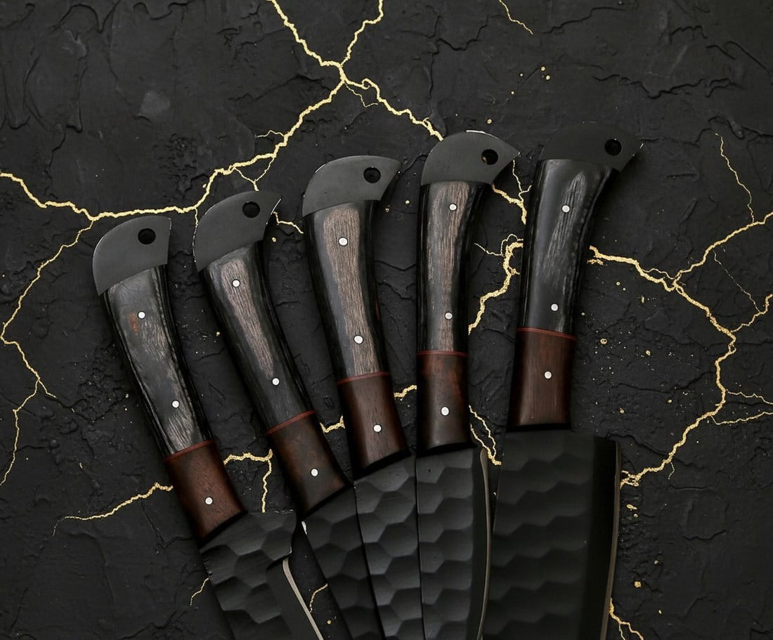 5pc Hand Forged Carbon Steel Kitchen Knife Set with Sheaths Custom Cutlery - 4