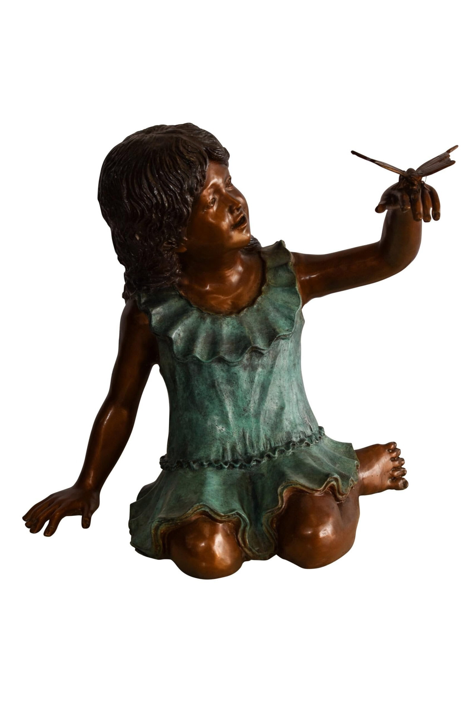 A Little Girl Playing with a Buterfly Bronze Statue 21" x 15" x 19"H: Title:A Little Girl Playing with a Buterfly Bronze Statue 21" x 15" x 19"H Description:This charming life size statue of a girl playing outside with a butterfly, depicts childhood play and spend time