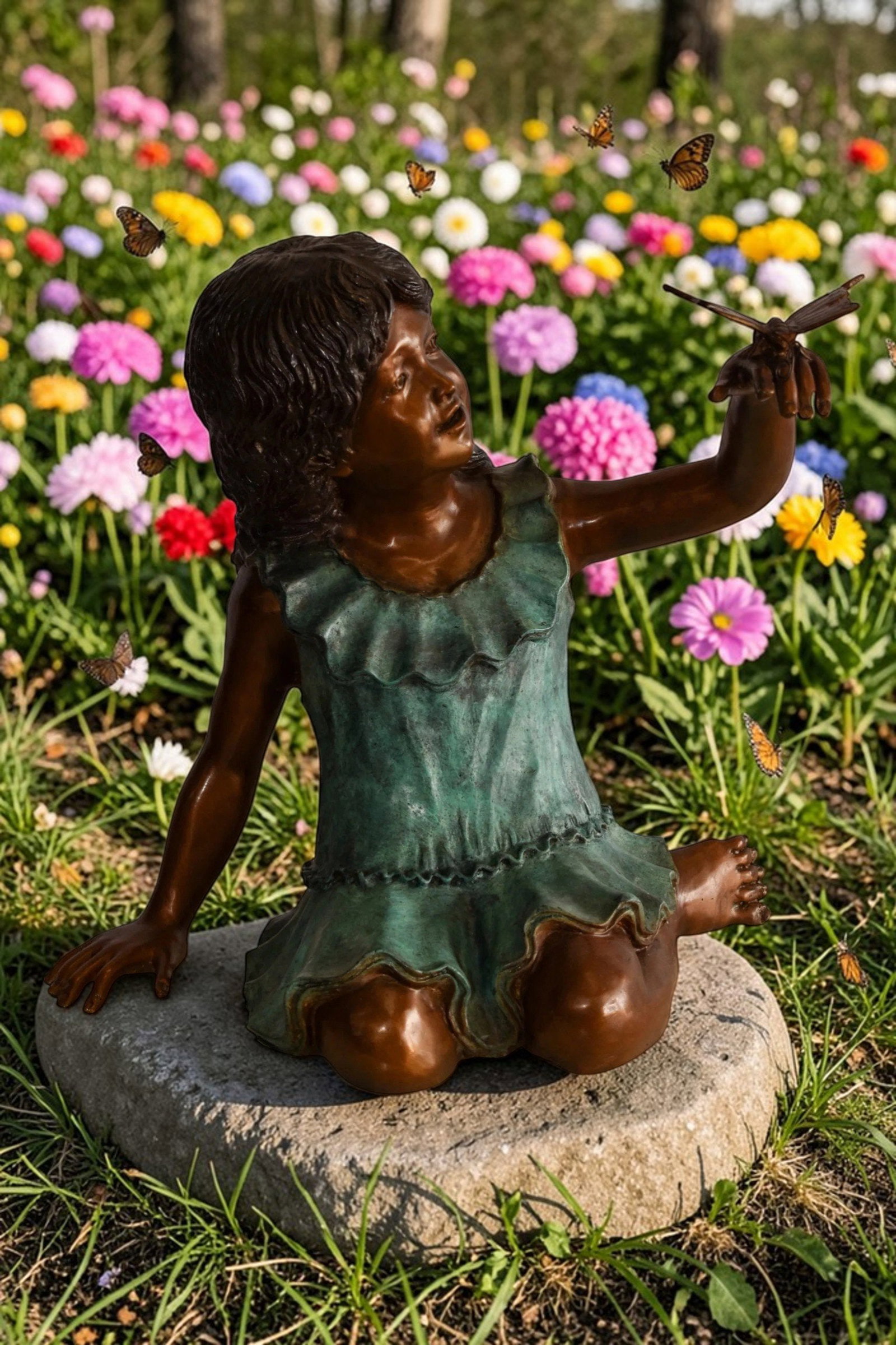 A Little Girl Playing with a Buterfly Bronze Statue 21" x 15" x 19"H - 2