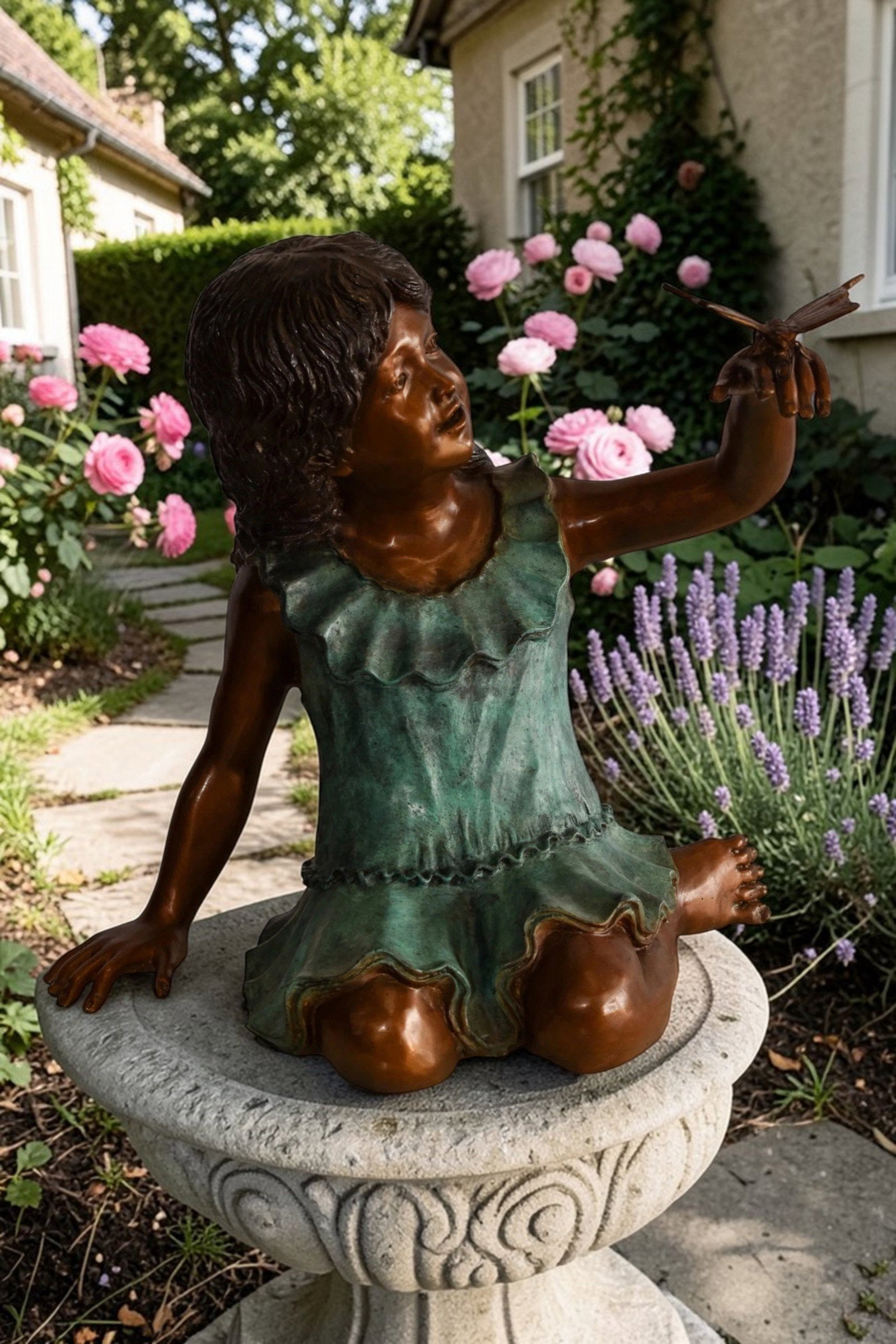 A Little Girl Playing with a Buterfly Bronze Statue 21" x 15" x 19"H - 3