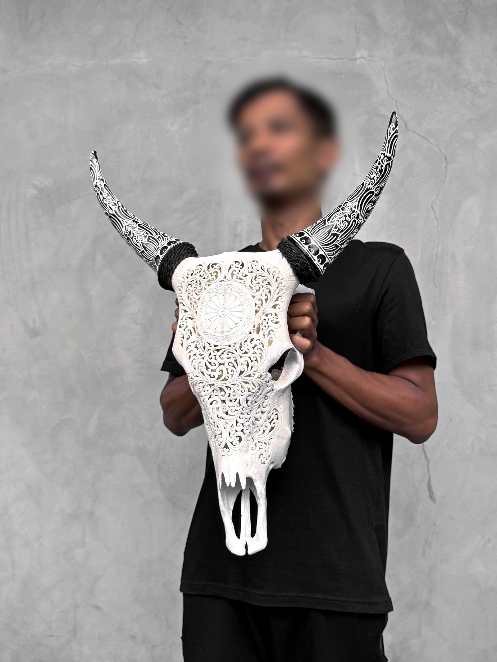 White cow skull carved horns - Flower mandala motif - 2