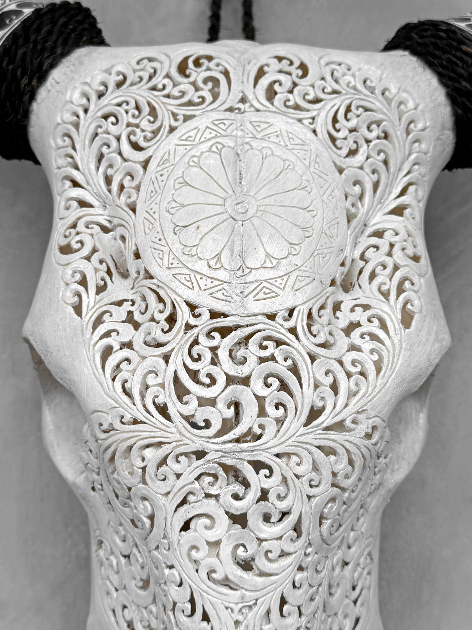 White cow skull carved horns - Flower mandala motif - 3