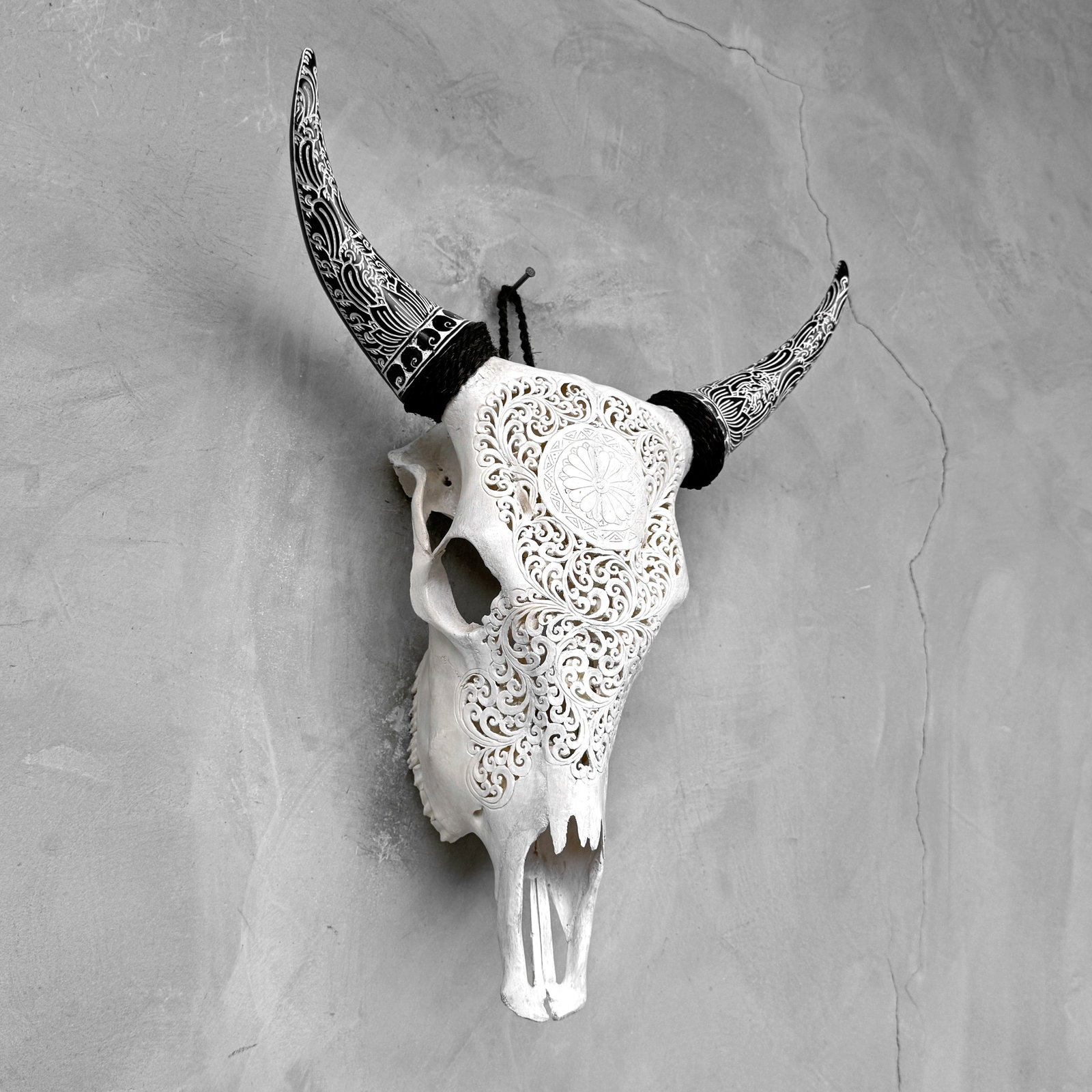 White cow skull carved horns - Flower mandala motif - 5