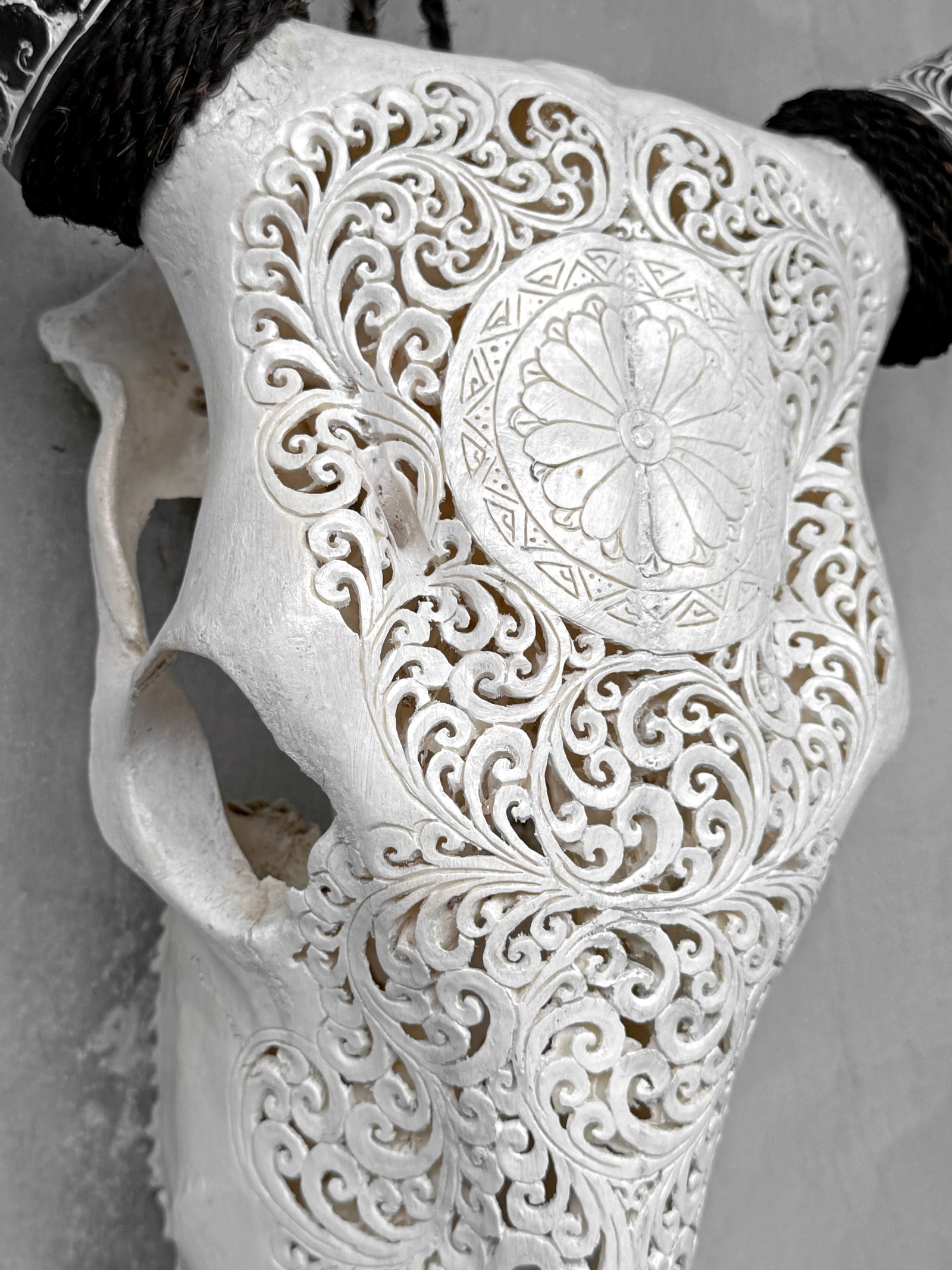 White cow skull carved horns - Flower mandala motif - 6