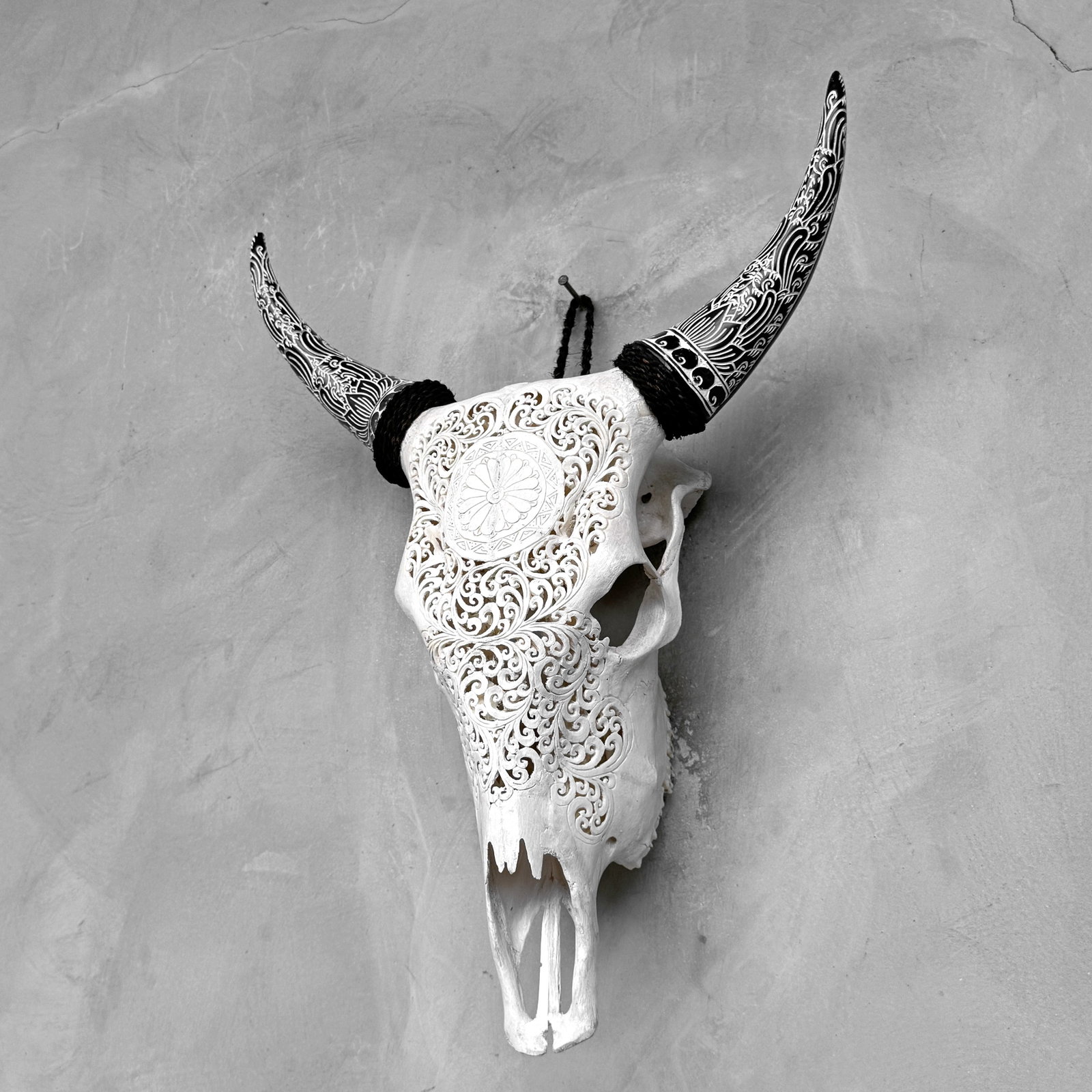 White cow skull carved horns - Flower mandala motif - 7