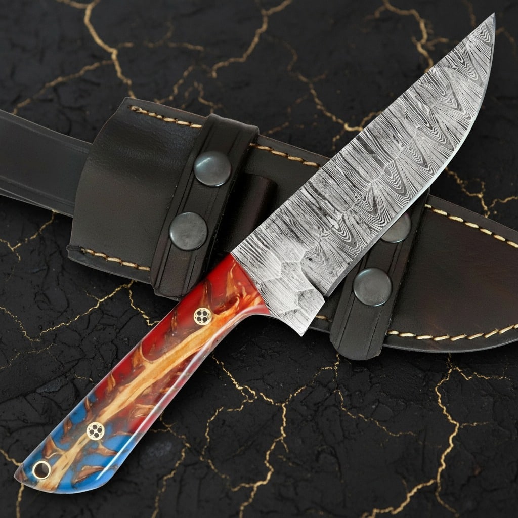 Handmade Damascus Steel Fixed Blade Knife Pine Cone Grip Leather Sheath: Title:Handmade Damascus Steel Fixed Blade Knife Pine Cone Grip Leather Sheath Description:This handcrafted knife features a pine cone comfort grip handle and includes a vertical cowhide leather sheath