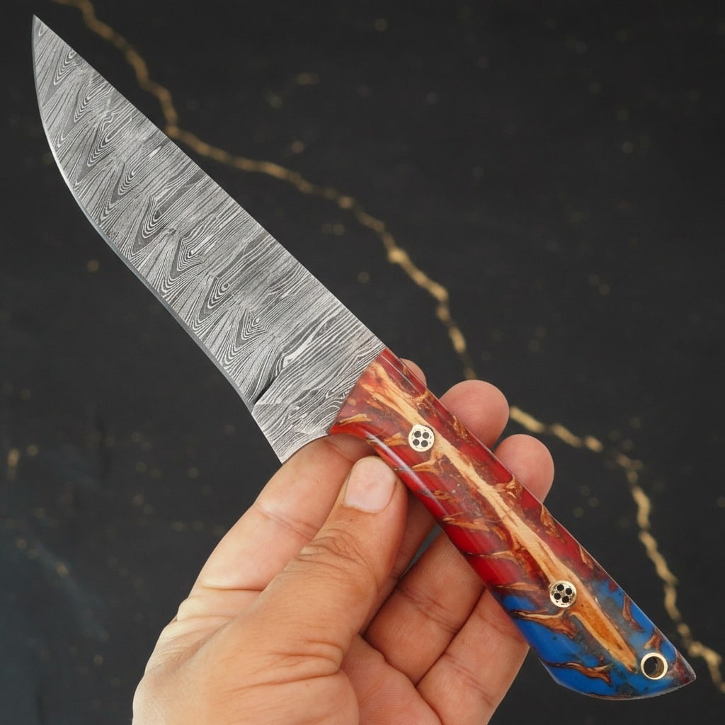Handmade Damascus Steel Fixed Blade Knife Pine Cone Grip Leather Sheath - 3