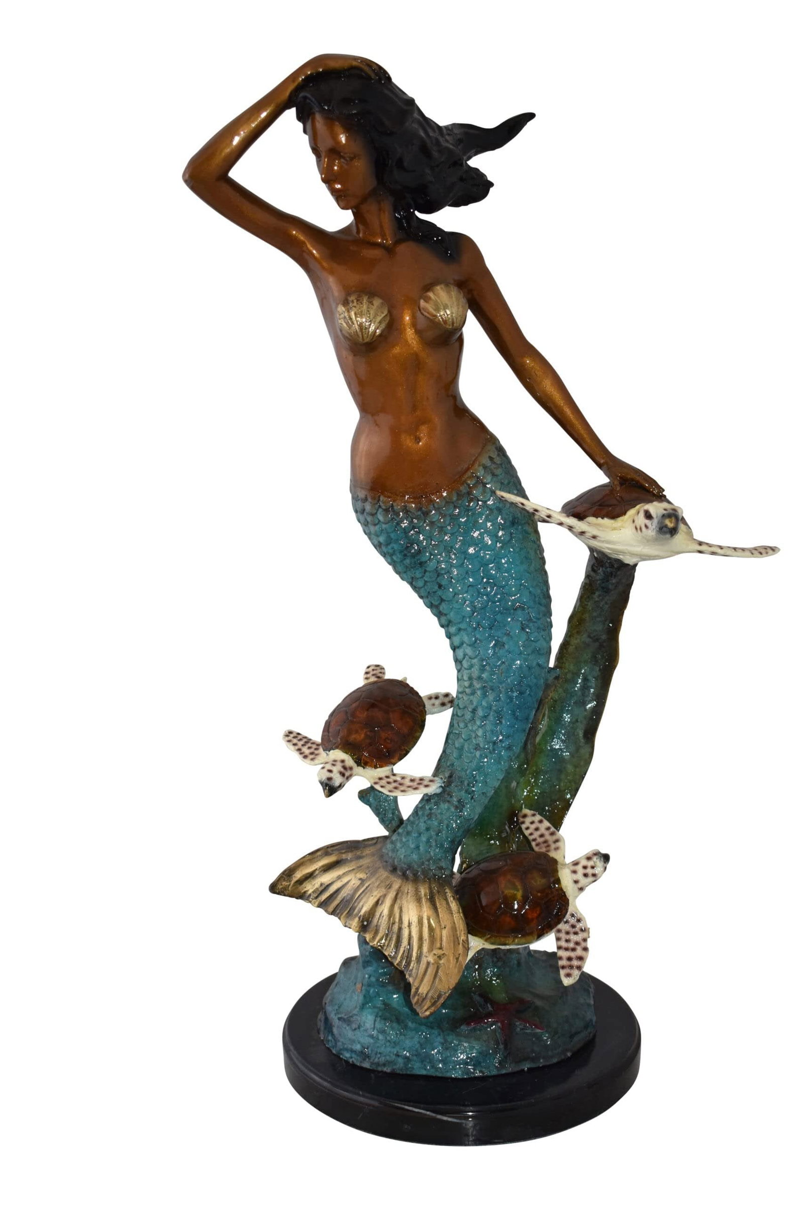 Mermaid and Turtles At Sea Bronze Statue Size: 14" x 9" x 24"H: Title:Mermaid and Turtles At Sea Bronze Statue Size: 14" x 9" x 24"H Description:This beautiful statue displays a gracious mermaid rising tall among her turtle friends in the ocean. The elegance of