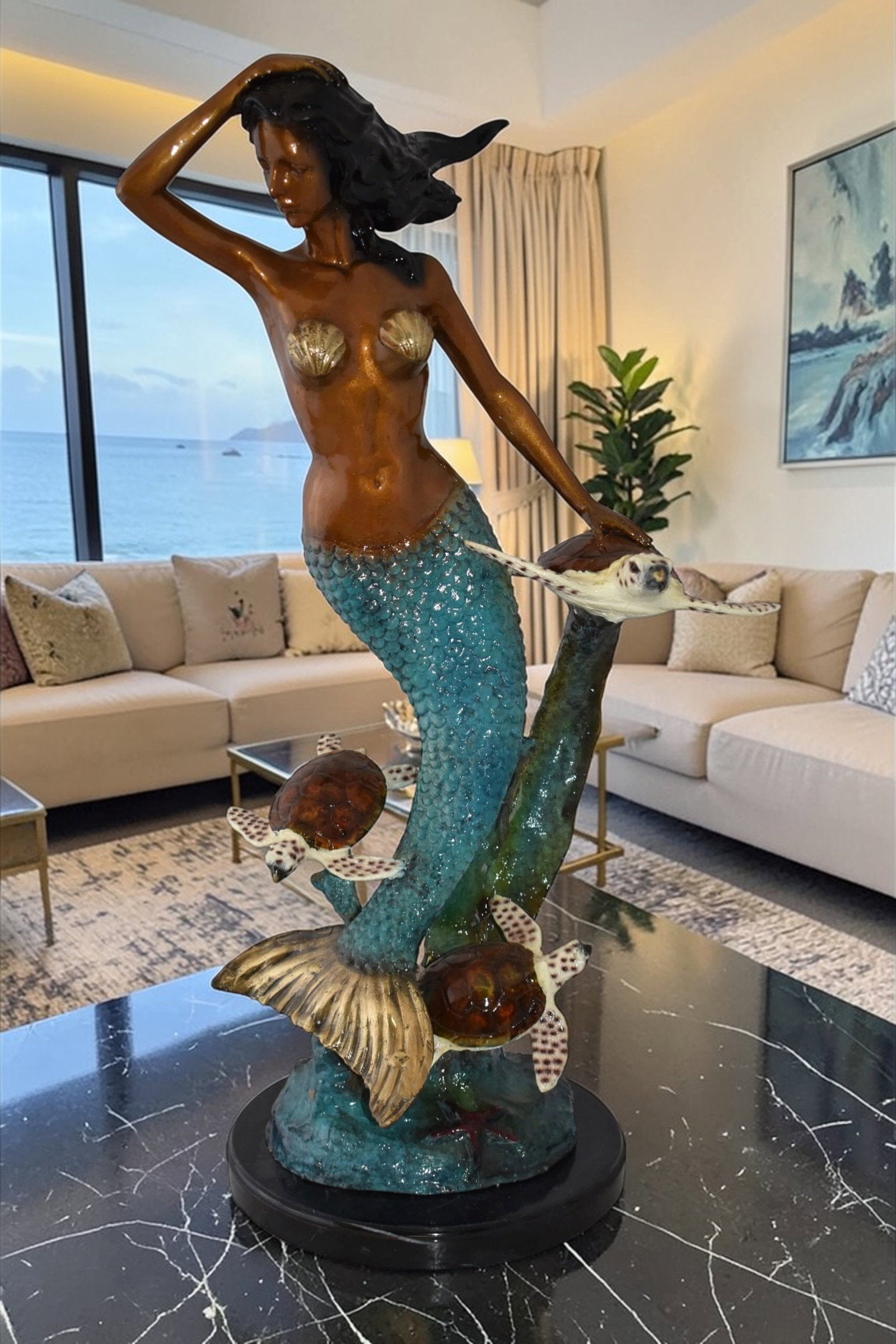 Mermaid and Turtles At Sea Bronze Statue Size: 14" x 9" x 24"H - 2