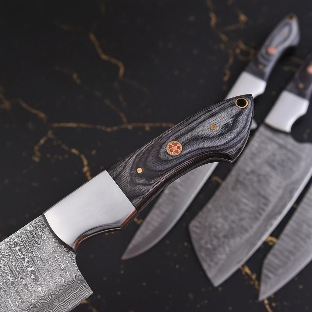 Handmade 5-Piece Damascus Steel Chef Knife Set with Black Wood Handles and Leather Roll - 3