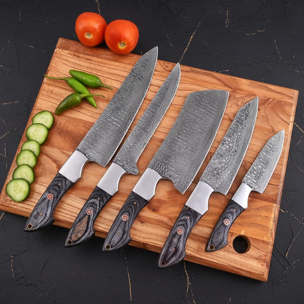 Handmade 5-Piece Damascus Steel Chef Knife Set with Black Wood Handles and Leather Roll - 4