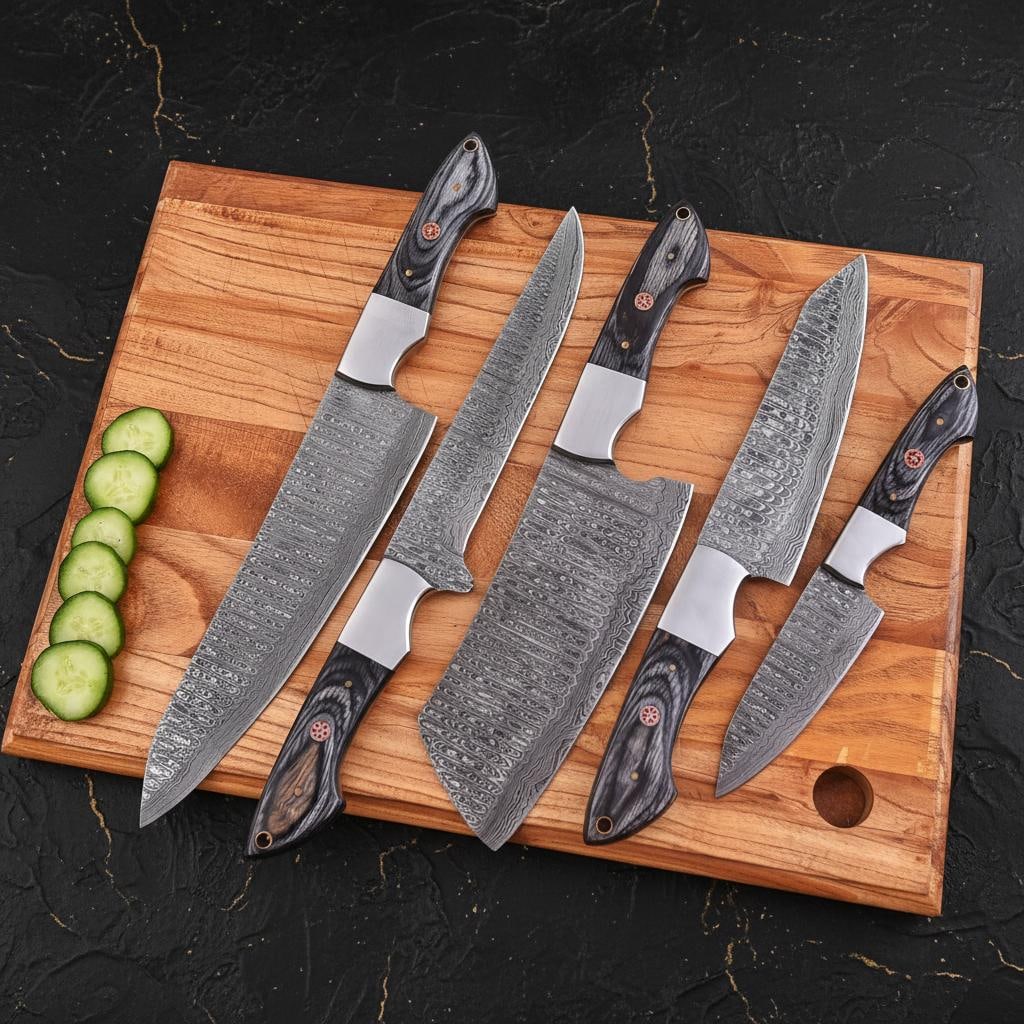 Handmade 5-Piece Damascus Steel Chef Knife Set with Black Wood Handles and Leather Roll - 5