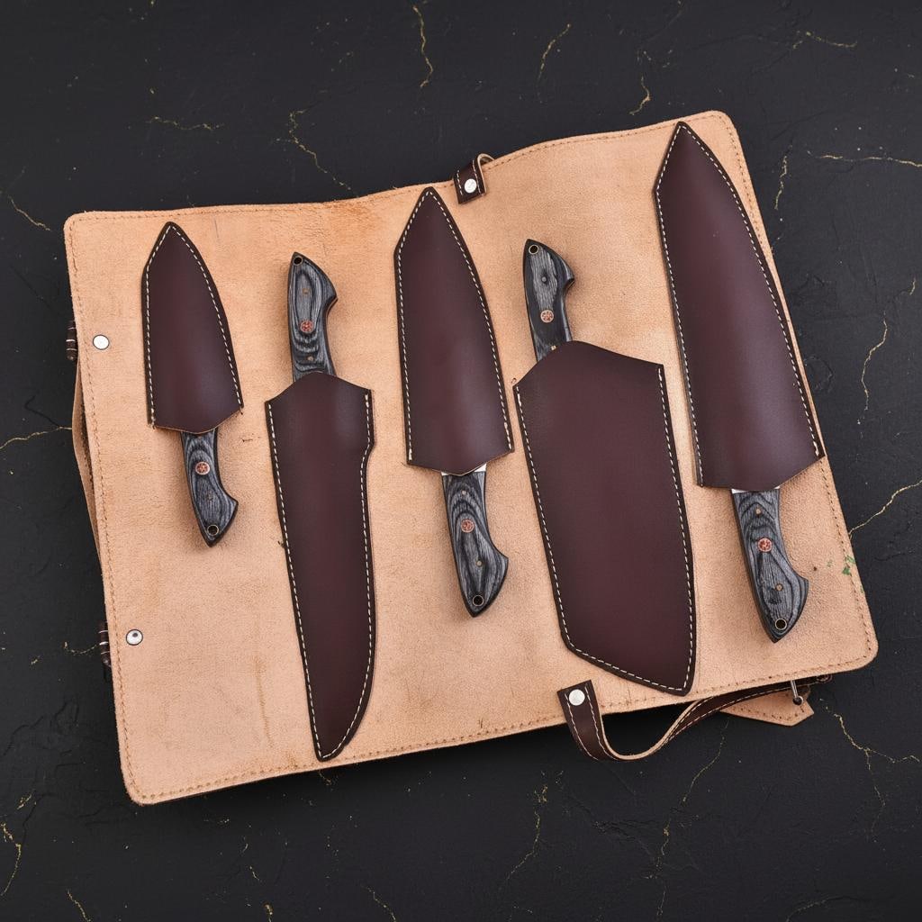 Handmade 5-Piece Damascus Steel Chef Knife Set with Black Wood Handles and Leather Roll - 6