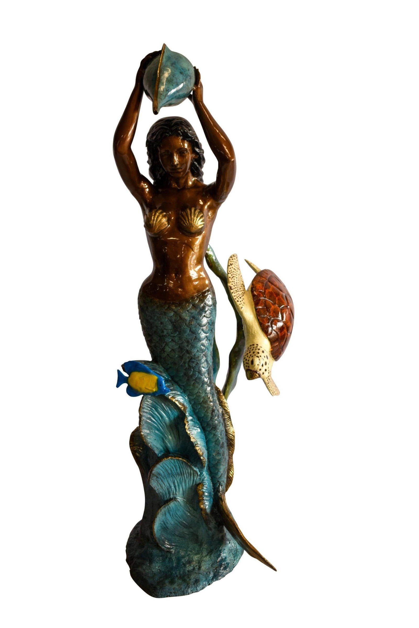 Mermaid With Clown fish and Turtle Bronze Fountain Statue 32" x 19" x 60"H: Title:Mermaid With Clown fish and Turtle Bronze Fountain Statue 32" x 19" x 60"H Description:No lover of timeless sea lore and the mysteries of the deep sea can resist this incredibly detailed