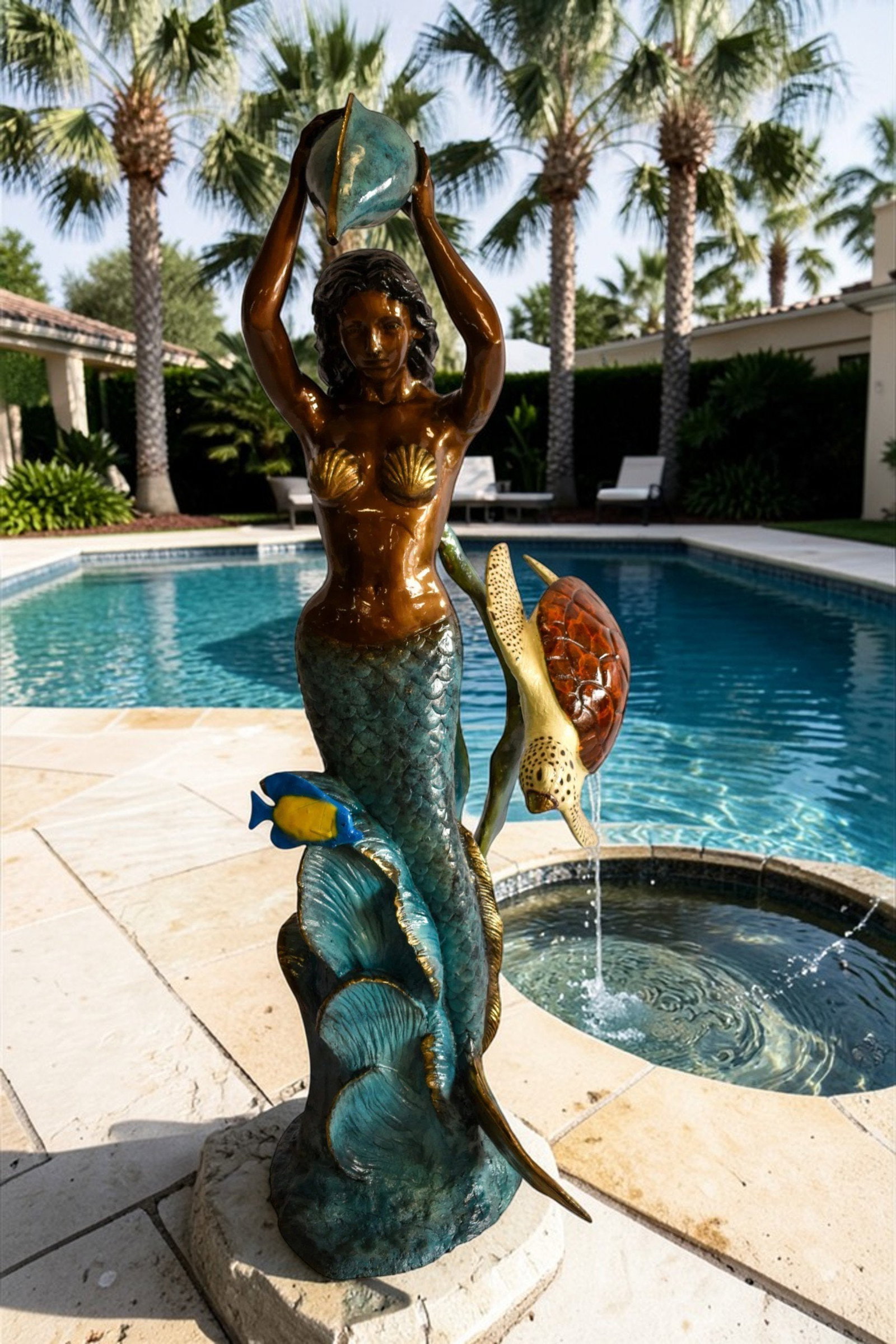 Mermaid With Clown fish and Turtle Bronze Fountain Statue 32" x 19" x 60"H - 3