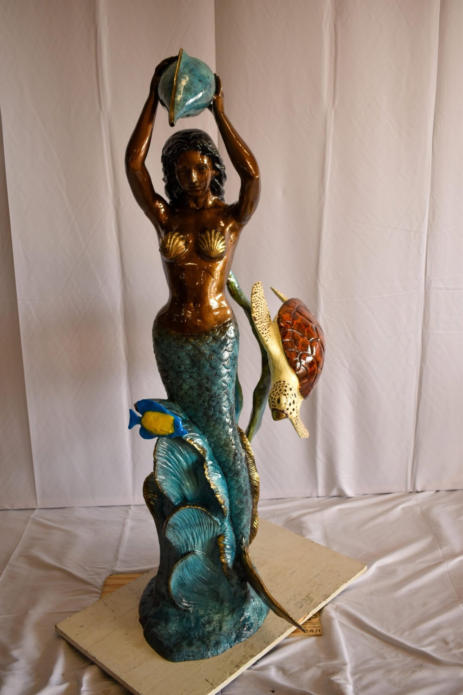 Mermaid With Clown fish and Turtle Bronze Fountain Statue 32" x 19" x 60"H - 4
