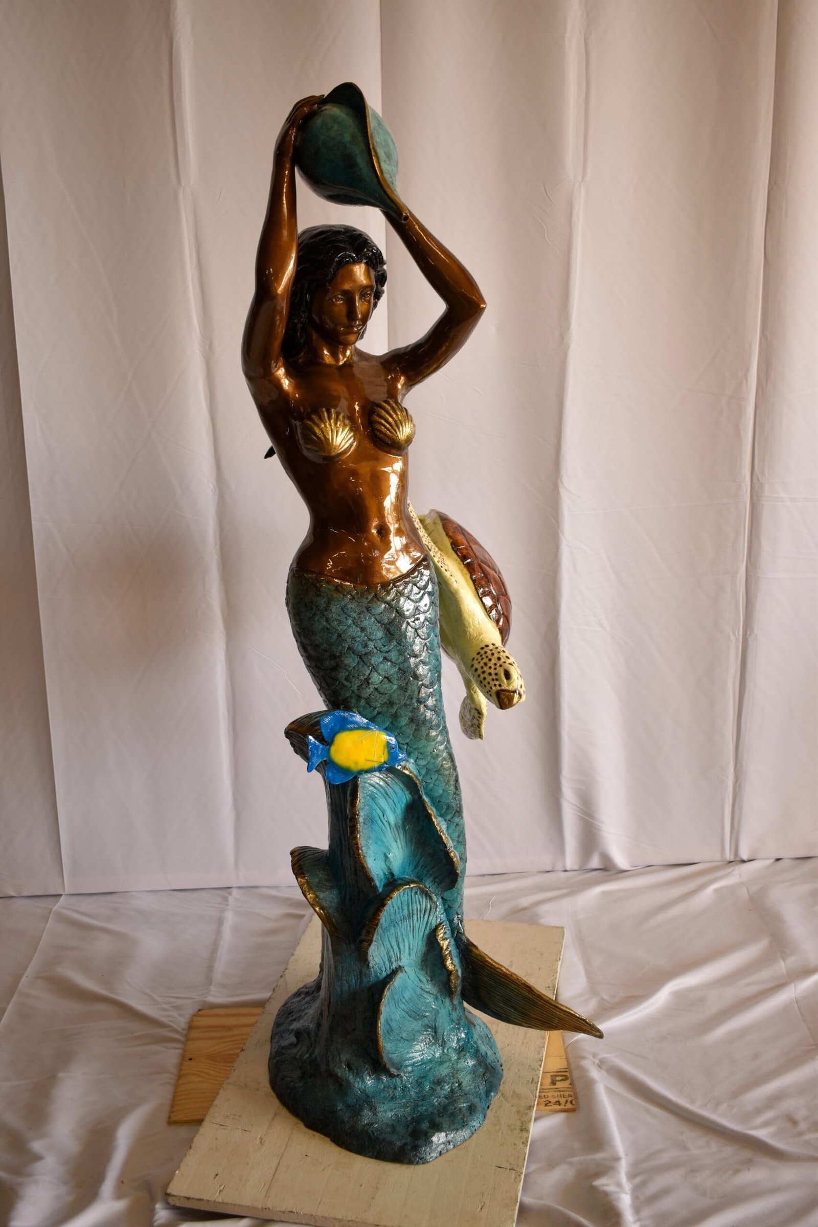 Mermaid With Clown fish and Turtle Bronze Fountain Statue 32" x 19" x 60"H - 5