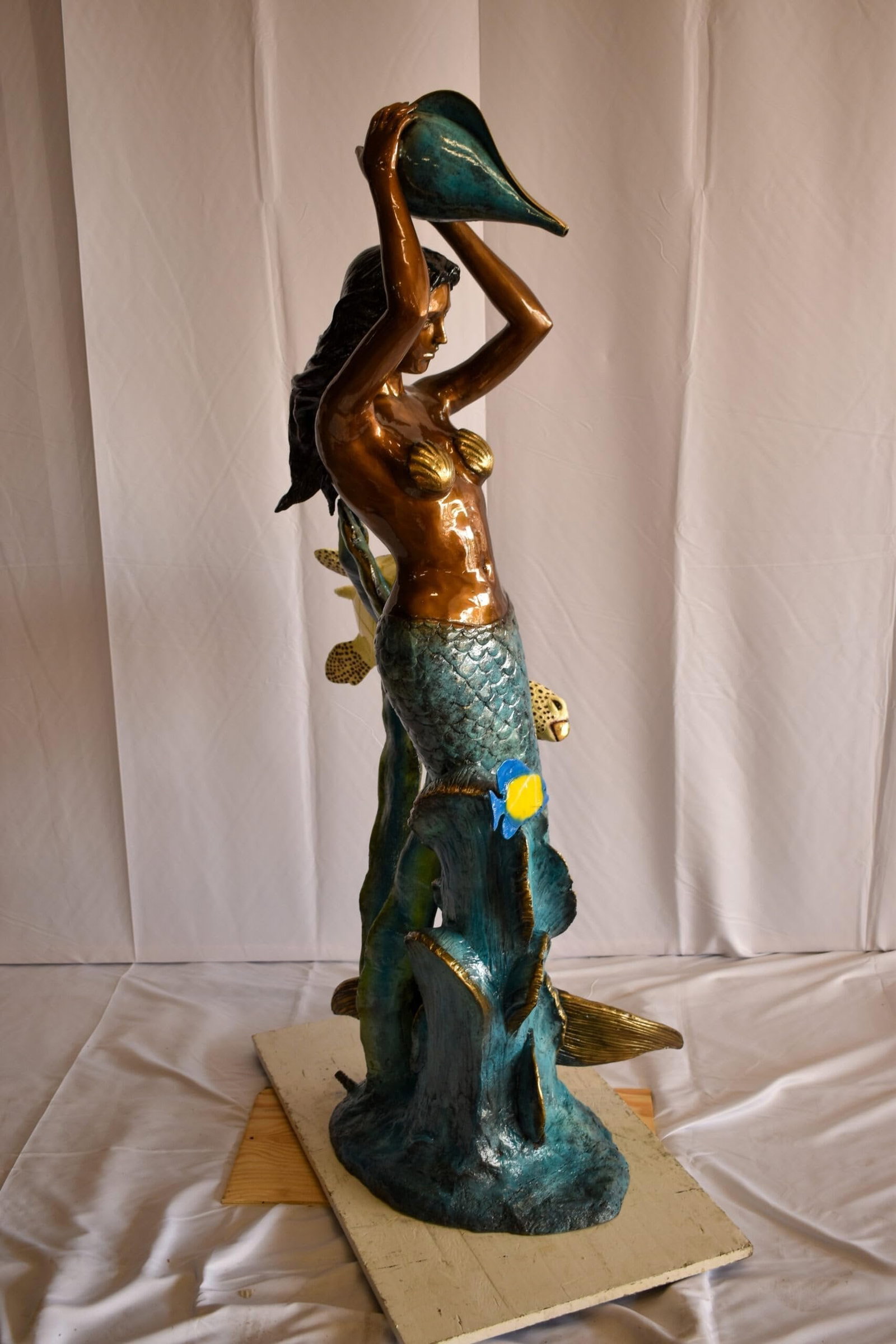 Mermaid With Clown fish and Turtle Bronze Fountain Statue 32" x 19" x 60"H - 6