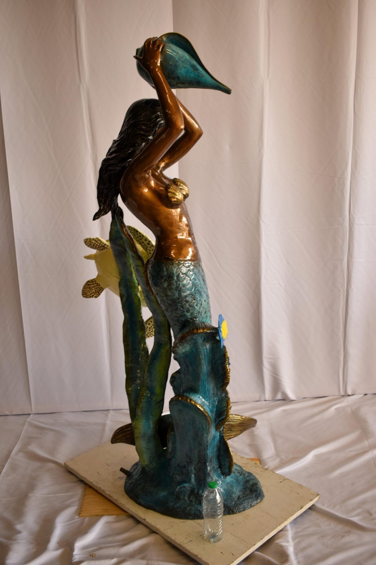 Mermaid With Clown fish and Turtle Bronze Fountain Statue 32" x 19" x 60"H - 7
