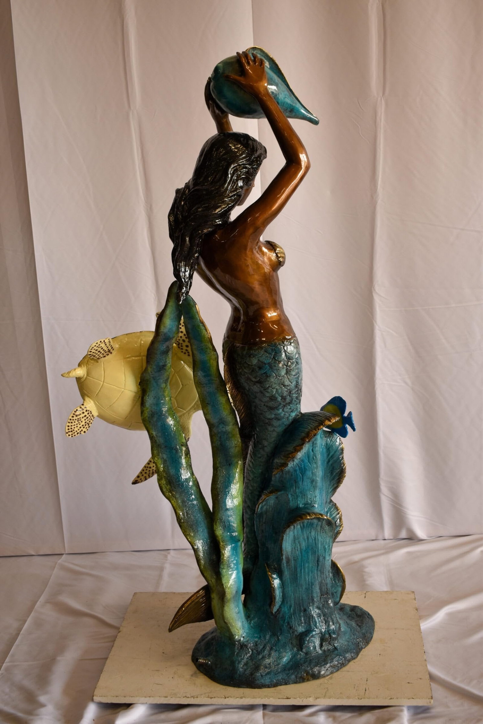 Mermaid With Clown fish and Turtle Bronze Fountain Statue 32" x 19" x 60"H - 9