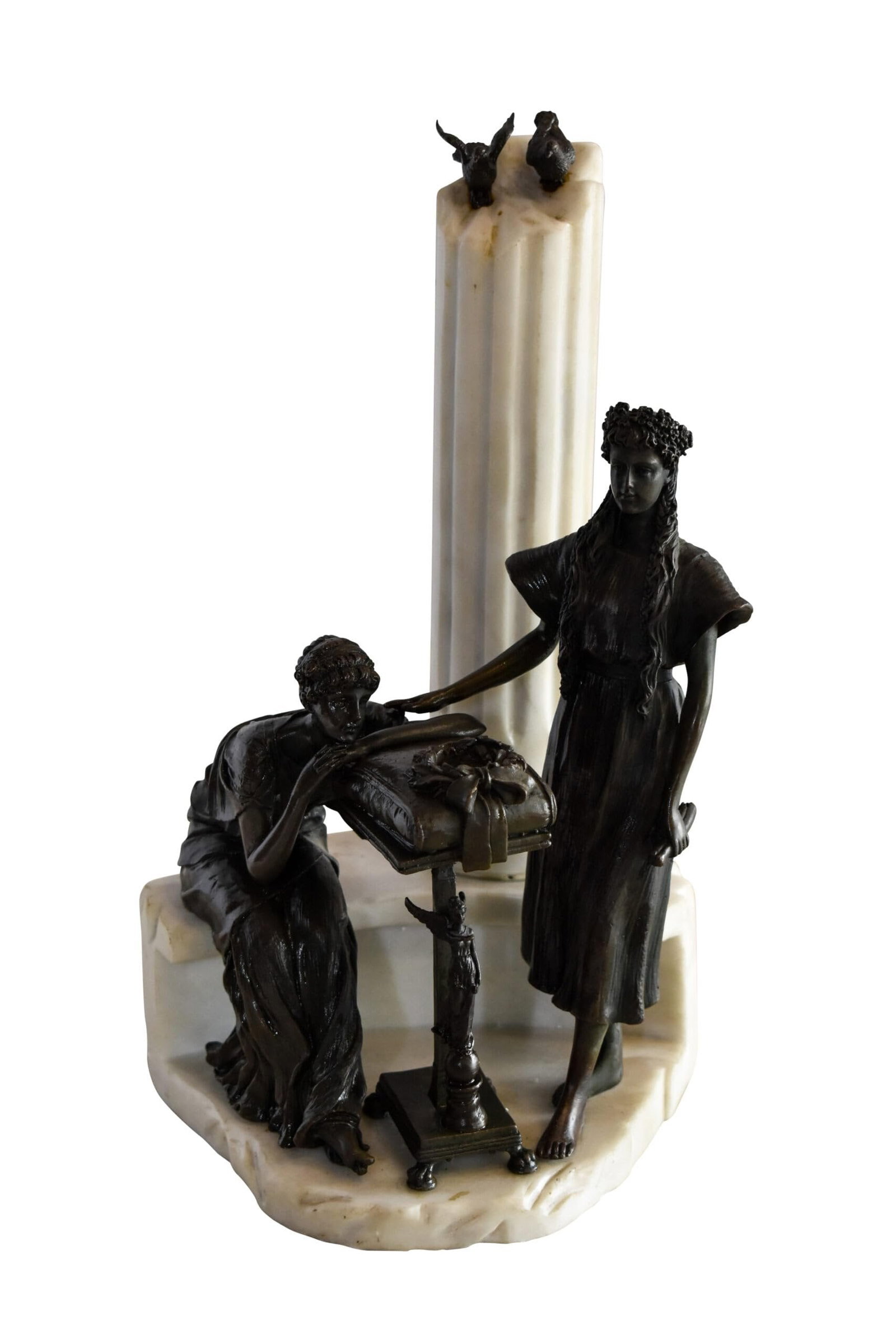 Two Pensive Goddesses by Marbe Pillar Bronze Statue 8" x 8" x 13"H: Title:Two Pensive Goddesses by Marbe Pillar Bronze Statue 8" x 8" x 13"H Description:This small but detailed statue illustrates two women by a white marble base and column as they think pensively and