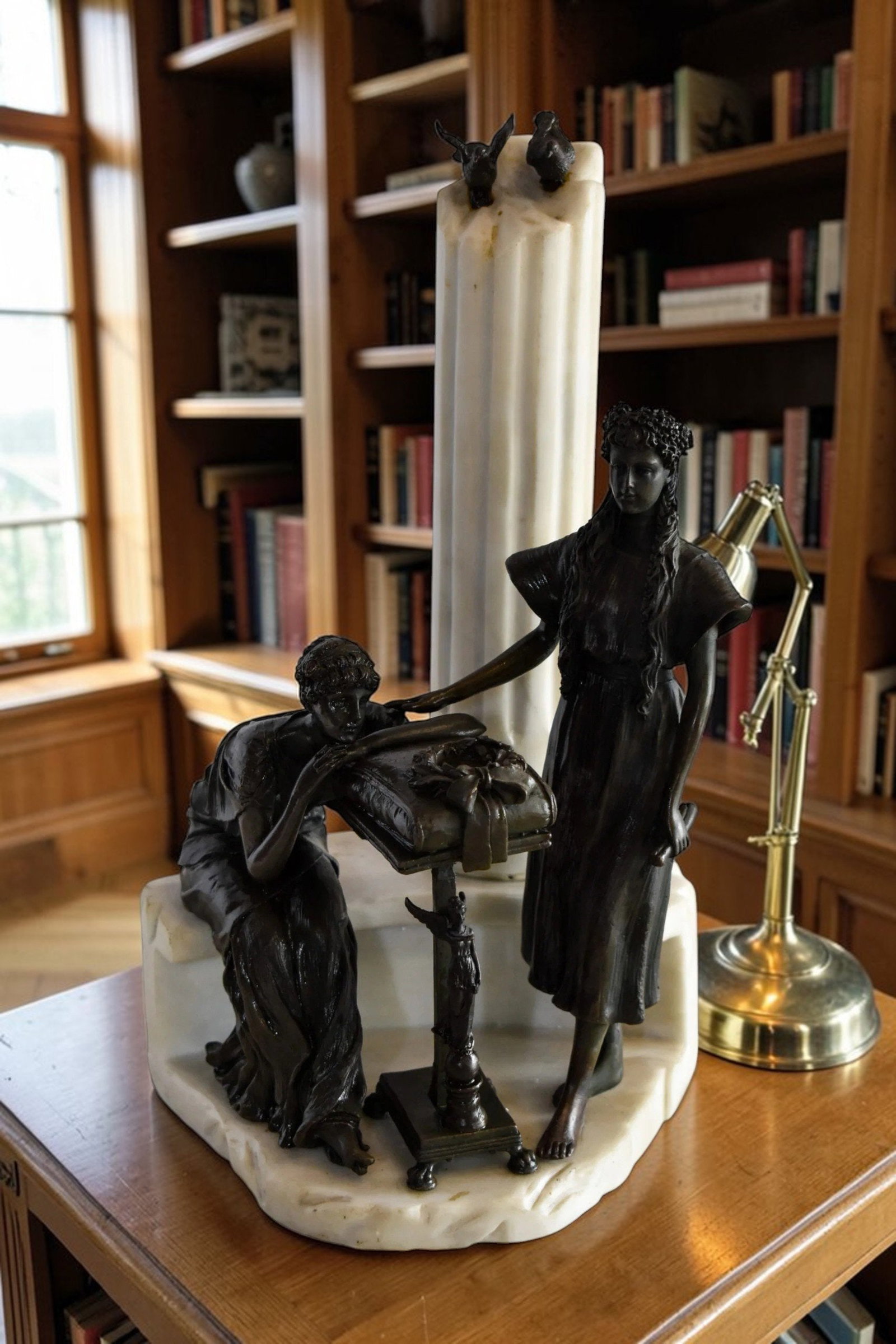 Two Pensive Goddesses by Marbe Pillar Bronze Statue 8" x 8" x 13"H - 2