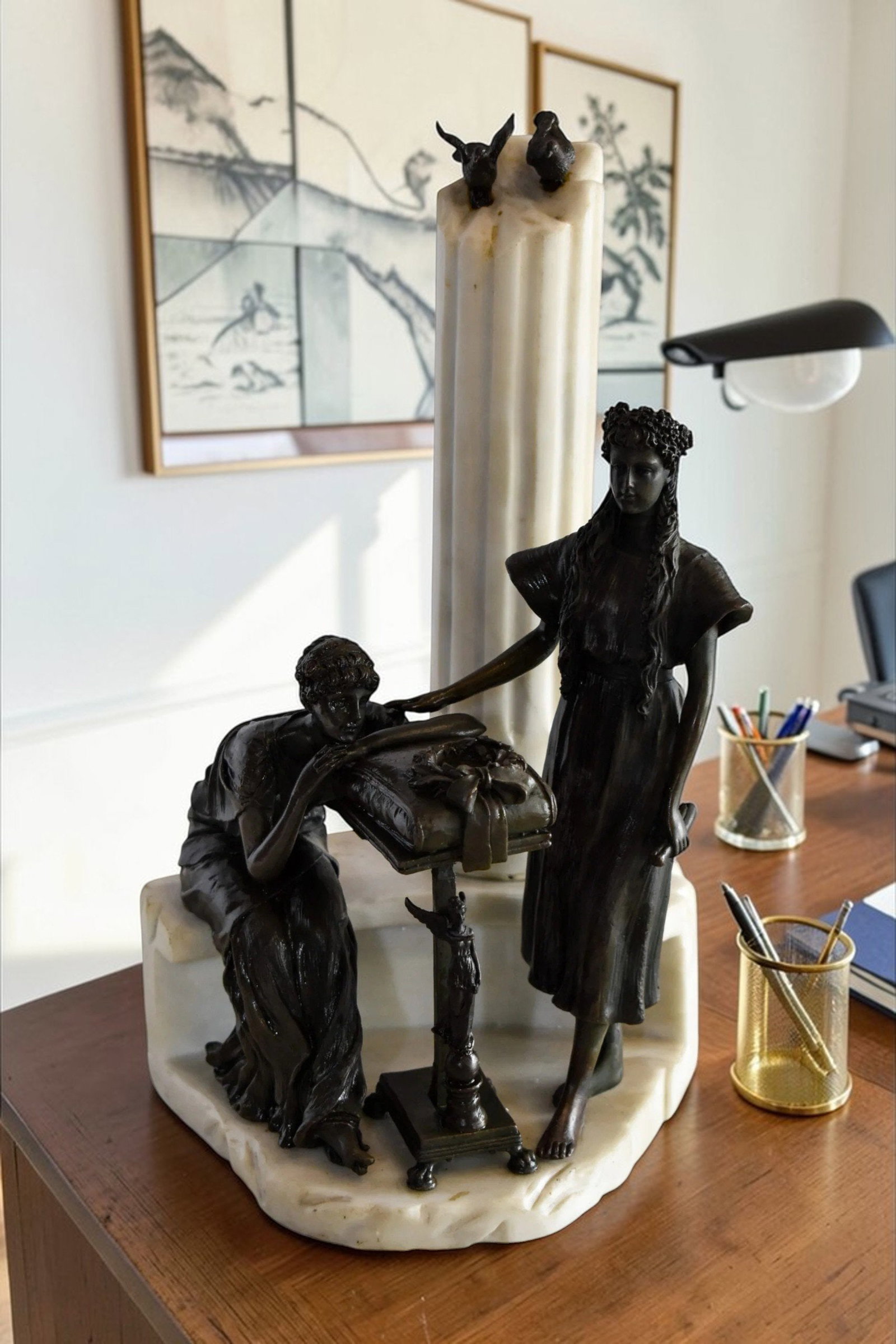 Two Pensive Goddesses by Marbe Pillar Bronze Statue 8" x 8" x 13"H - 3