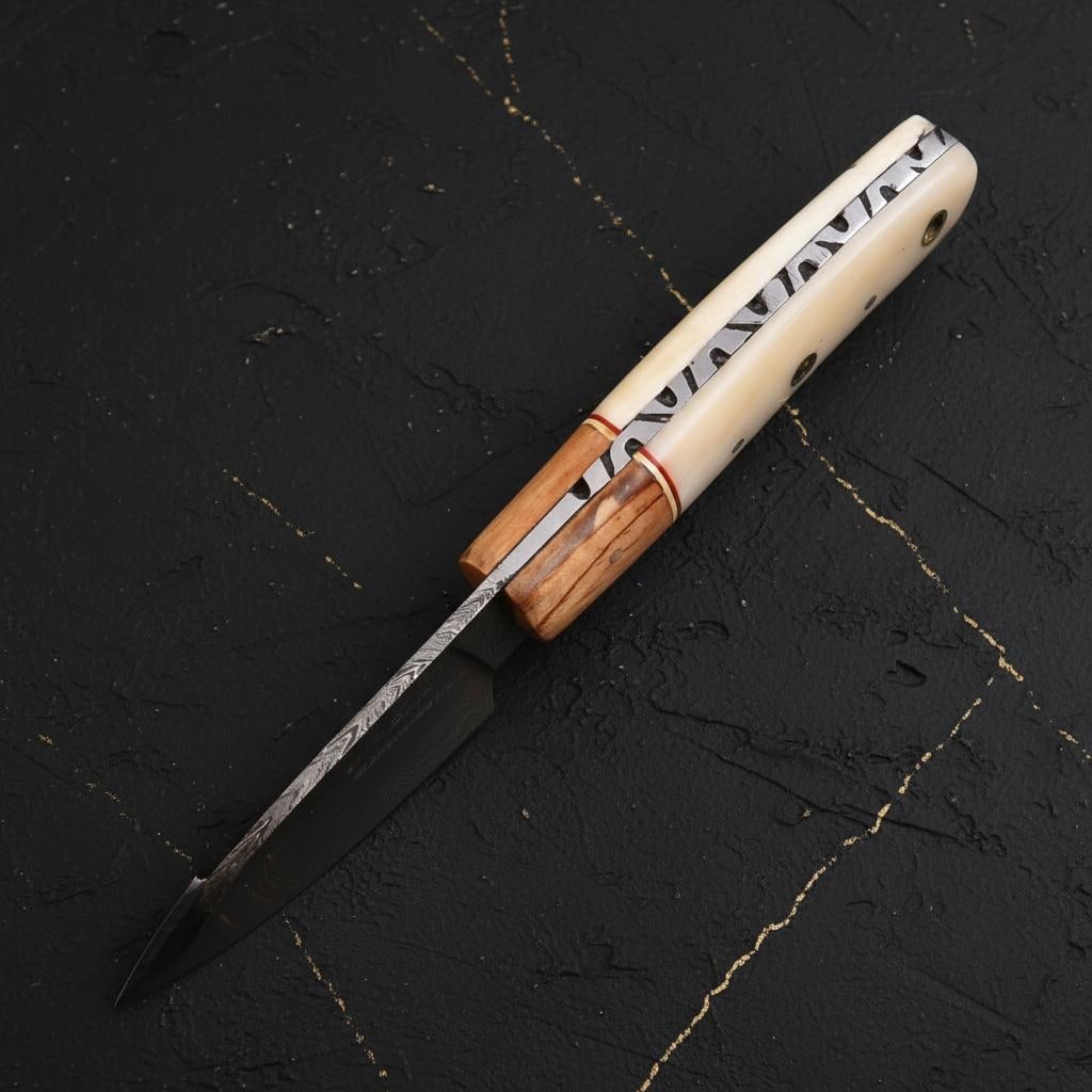 Damascus Steel Gut Hook Skinner Knife 9" Hand Forged with Bone Handle and Sheath - 4