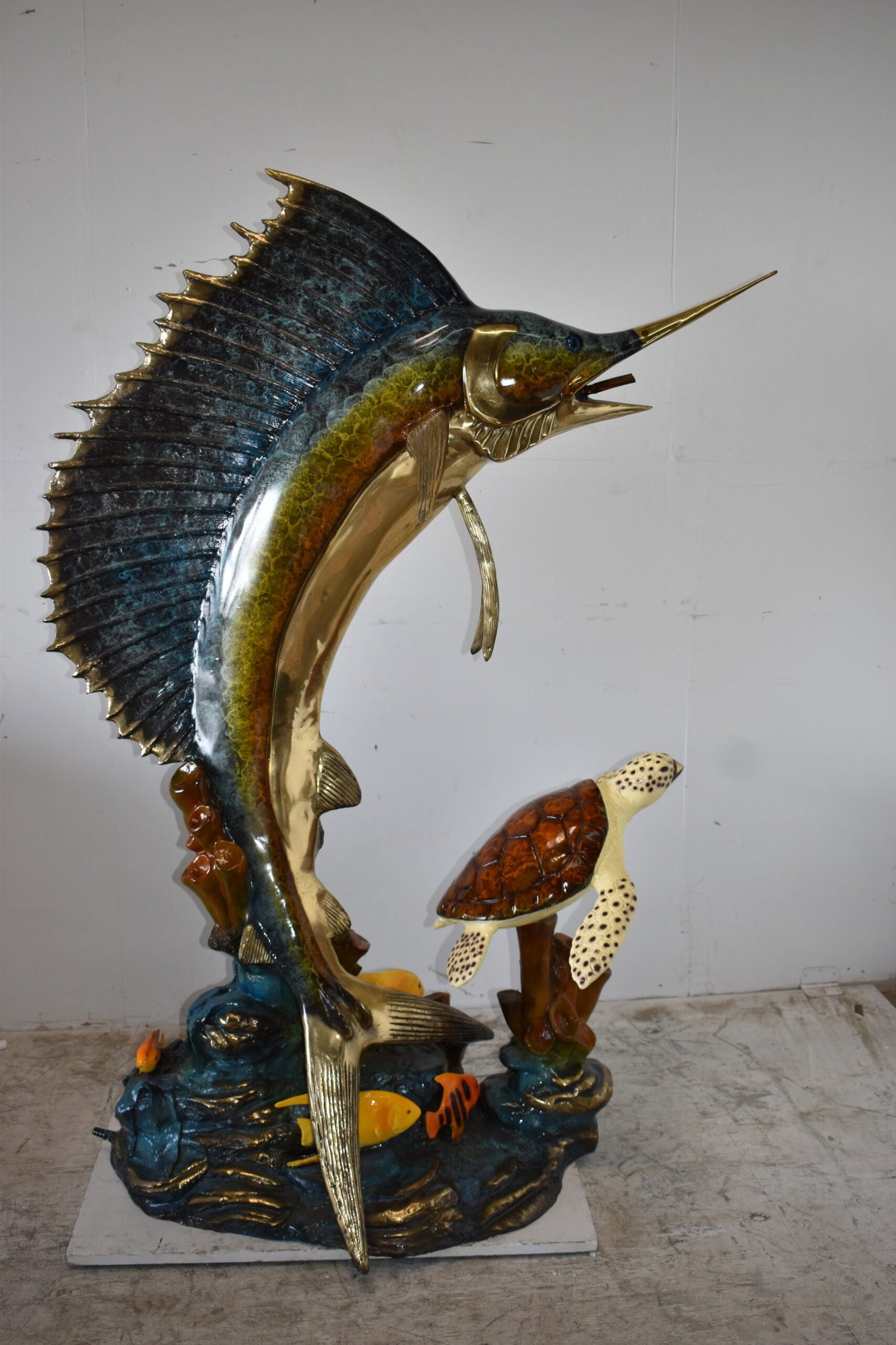 Sailfish and a Large Sea Turtle Bronze Statue Size: 47" x 29" x 68"H - 2