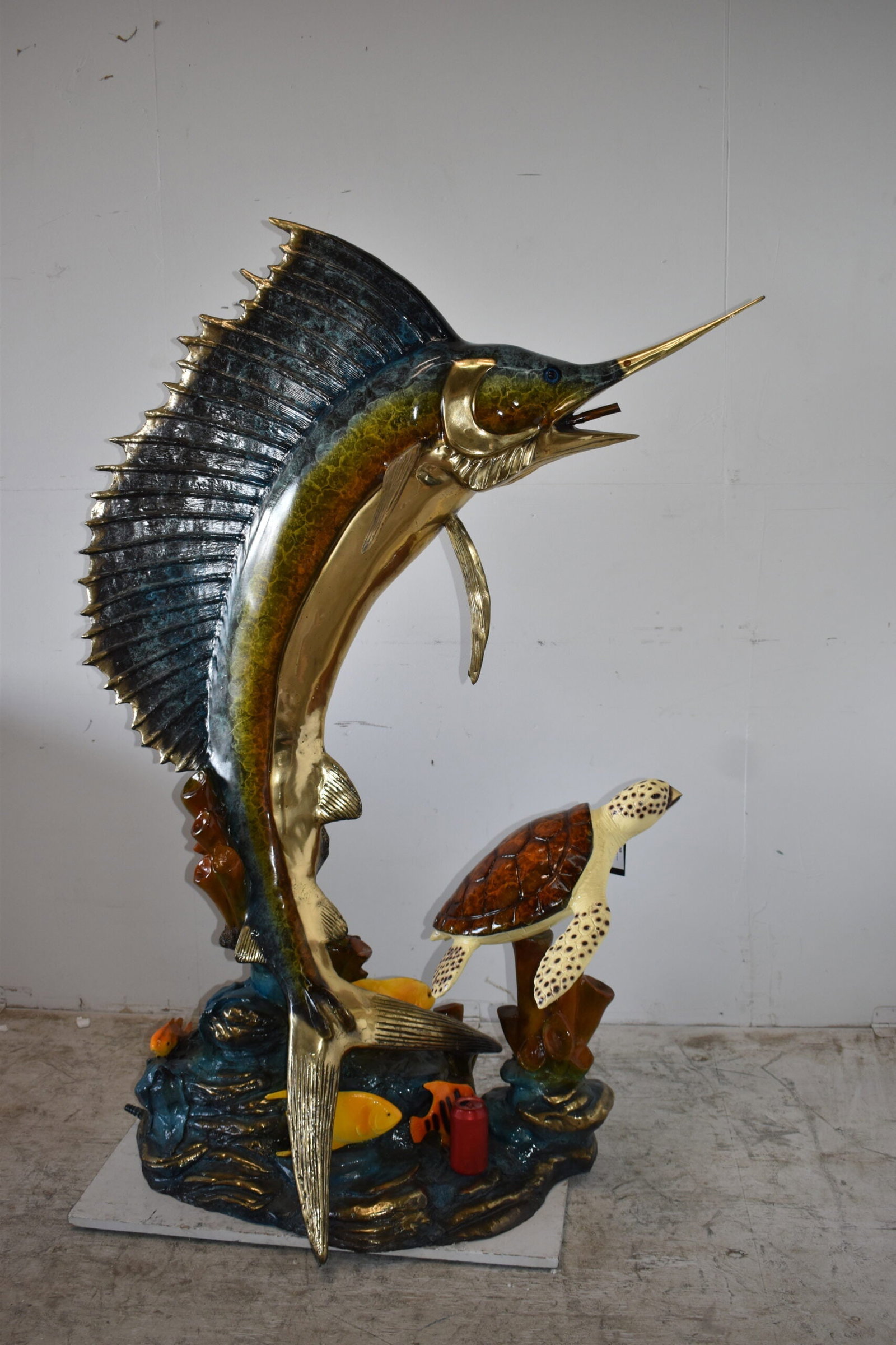 Sailfish and a Large Sea Turtle Bronze Statue Size: 47" x 29" x 68"H - 3