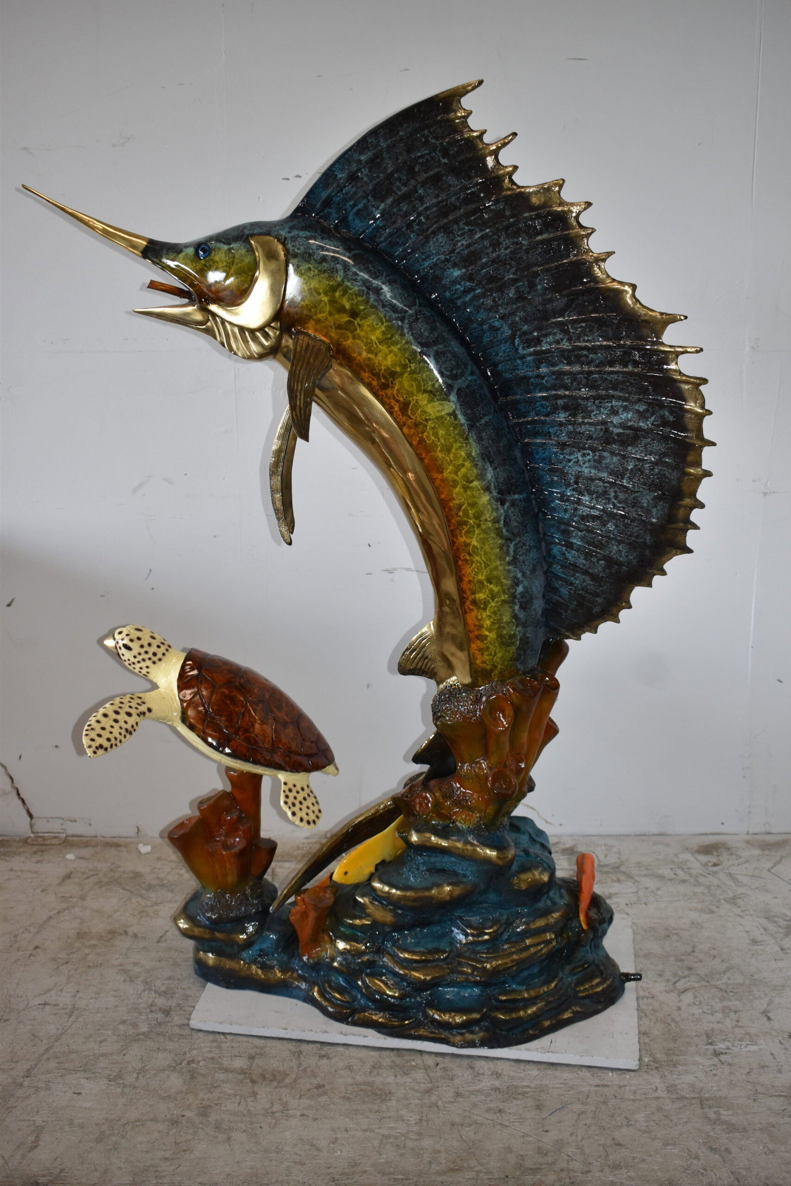 Sailfish and a Large Sea Turtle Bronze Statue Size: 47" x 29" x 68"H - 7