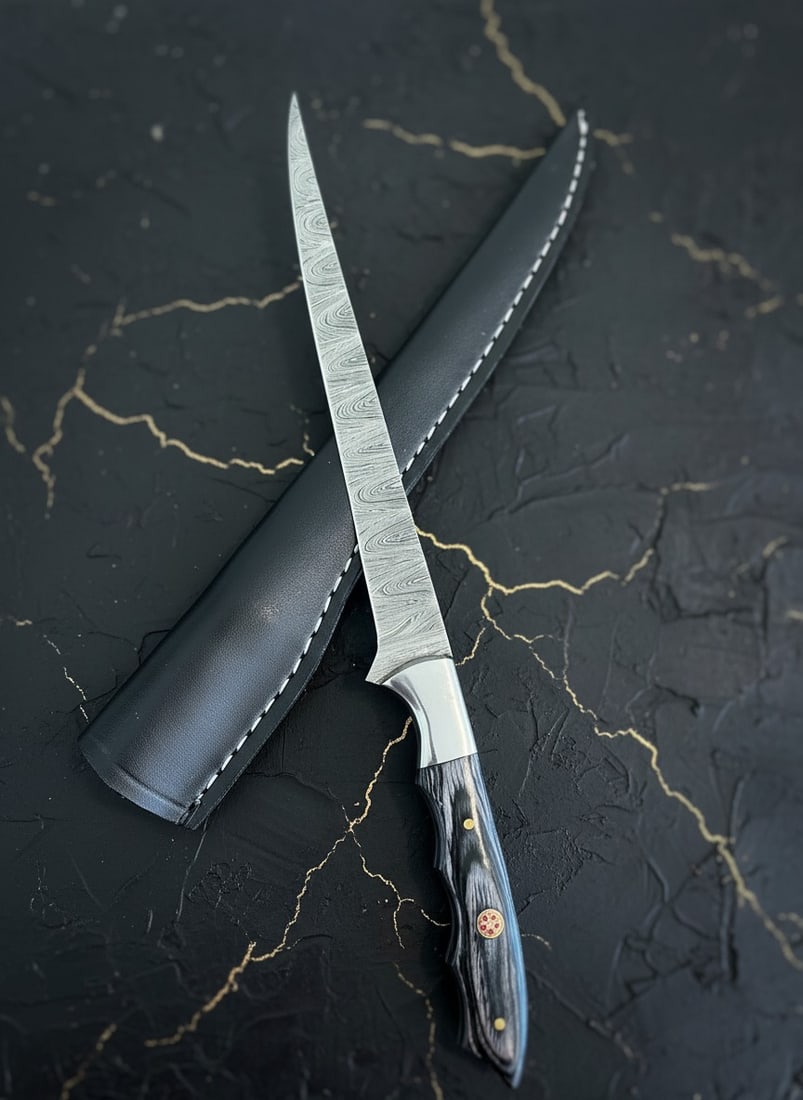 Hand-Forged Damascus Steel Flexible Fillet Knife Micarta Grip w/ Sheath (1 of 5)