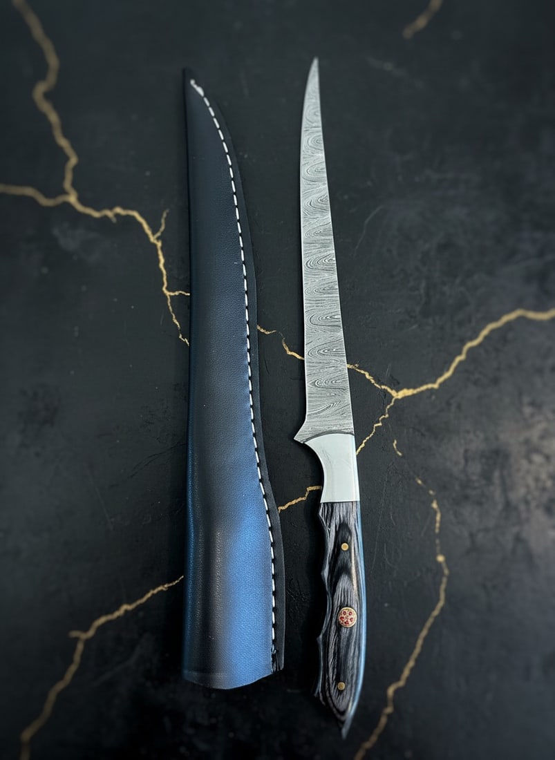 Hand-Forged Damascus Steel Flexible Fillet Knife Micarta Grip w/ Sheath - 2
