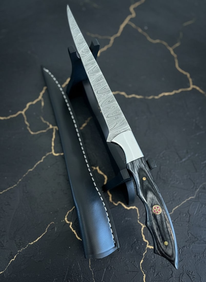 Hand-Forged Damascus Steel Flexible Fillet Knife Micarta Grip w/ Sheath - 3