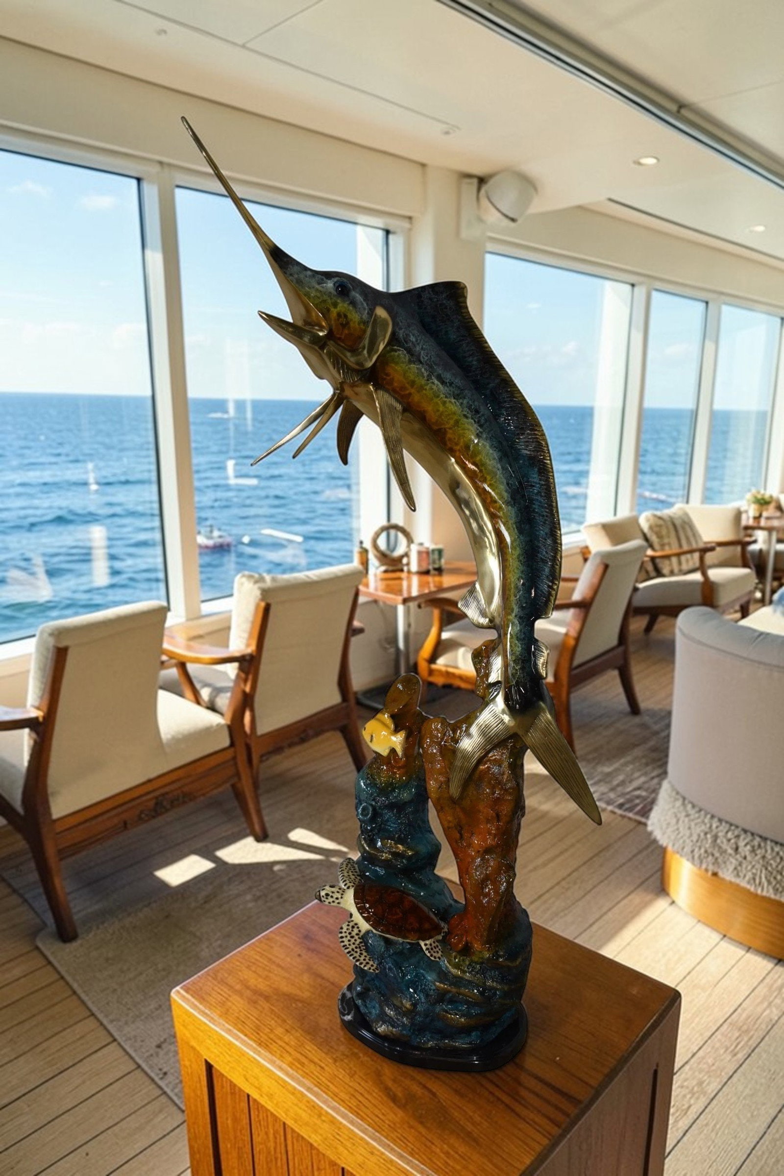 Marlin Fish and Turtle Swimming in the Ocean Bronze Statue Size 20" x 18" x 53"H - 2