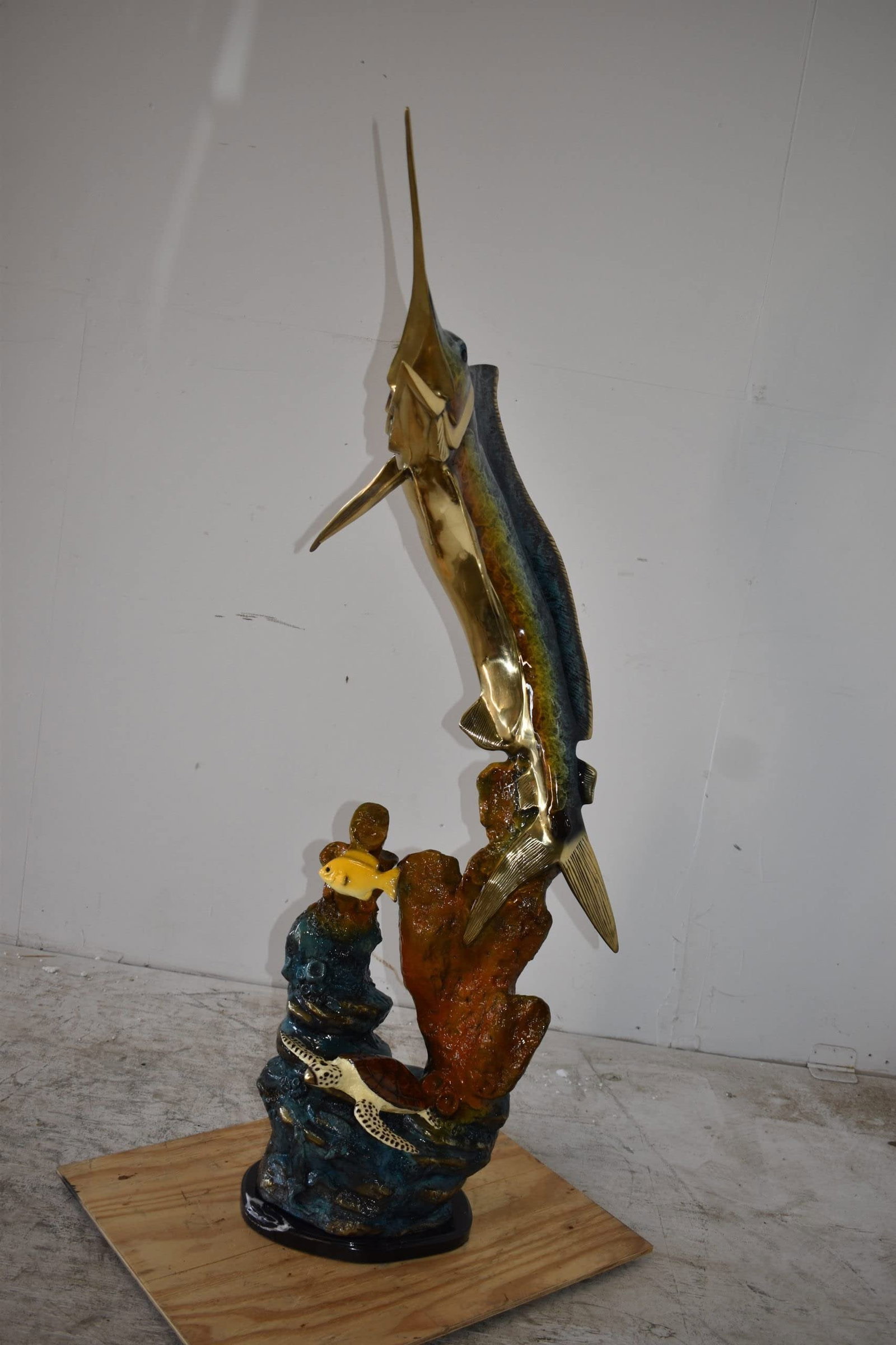 Marlin Fish and Turtle Swimming in the Ocean Bronze Statue Size 20" x 18" x 53"H - 4