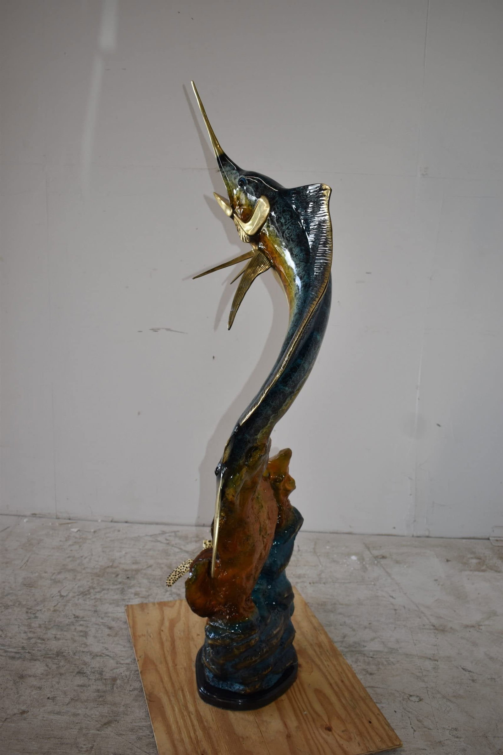 Marlin Fish and Turtle Swimming in the Ocean Bronze Statue Size 20" x 18" x 53"H - 7