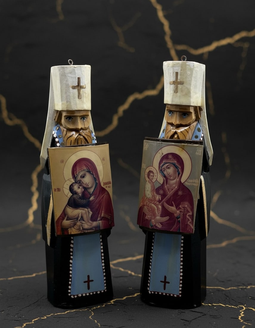 Hand-Carved Wooden Religious Figurines Pair Orthodox Priest Icon Statues (1 of 7)