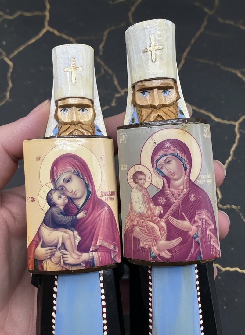 Hand-Carved Wooden Religious Figurines Pair Orthodox Priest Icon Statues - 2