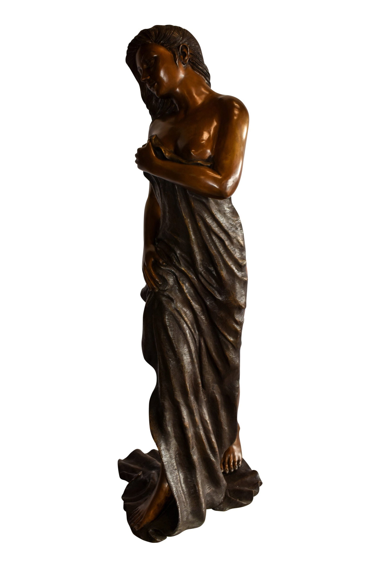 Beautiful Women Nude Art Holding Drape Bronze Statue 22" x 18" x 49"H: Title:Beautiful Women Nude Art Holding Drape Bronze Statue 22" x 18" x 49"H Description:Sculpted Nude Art Female standing, holding a drape Bronze sculpture. This sculpture is a finely crafted, highly