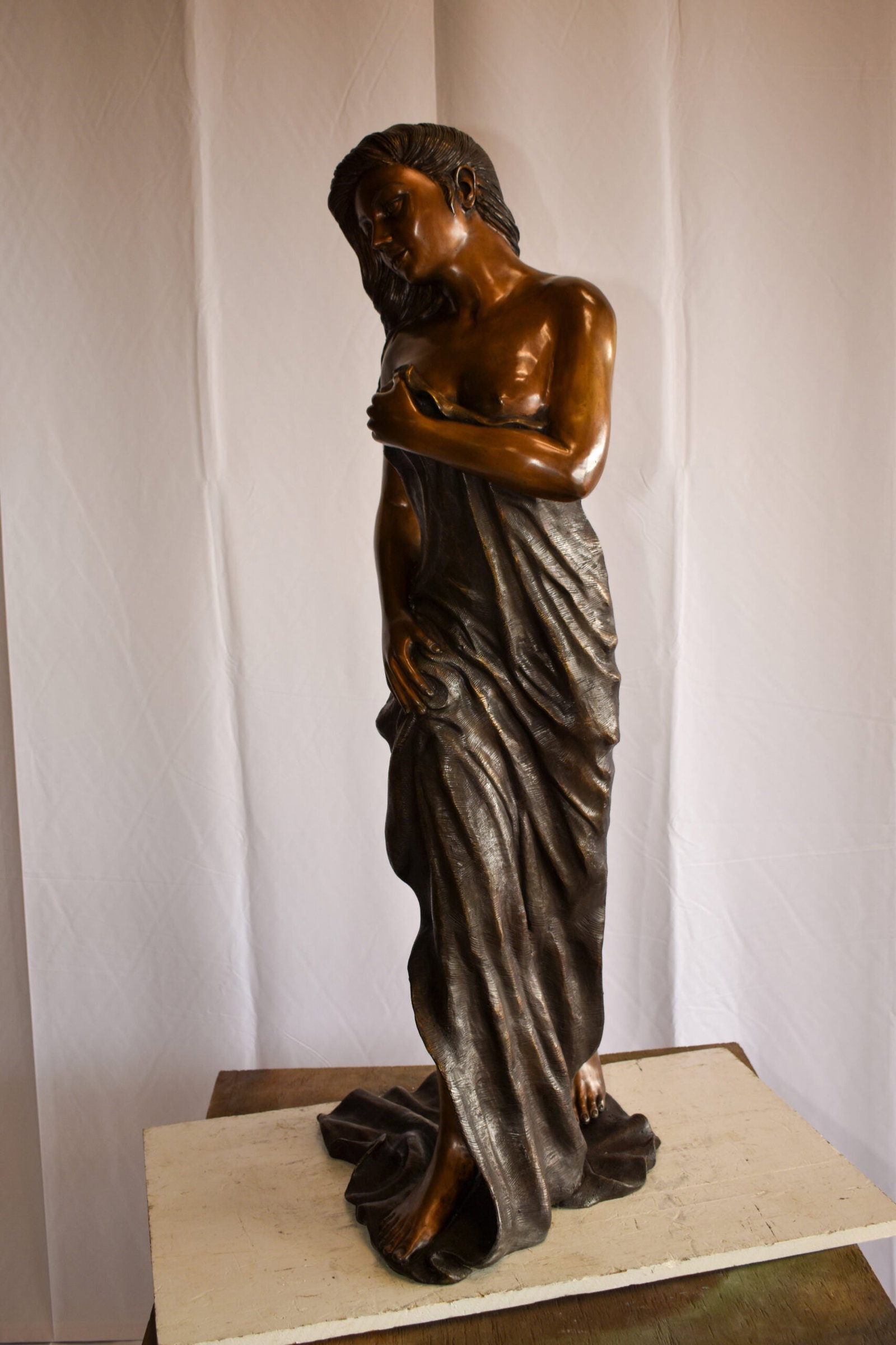 Beautiful Women Nude Art Holding Drape Bronze Statue 22" x 18" x 49"H - 2