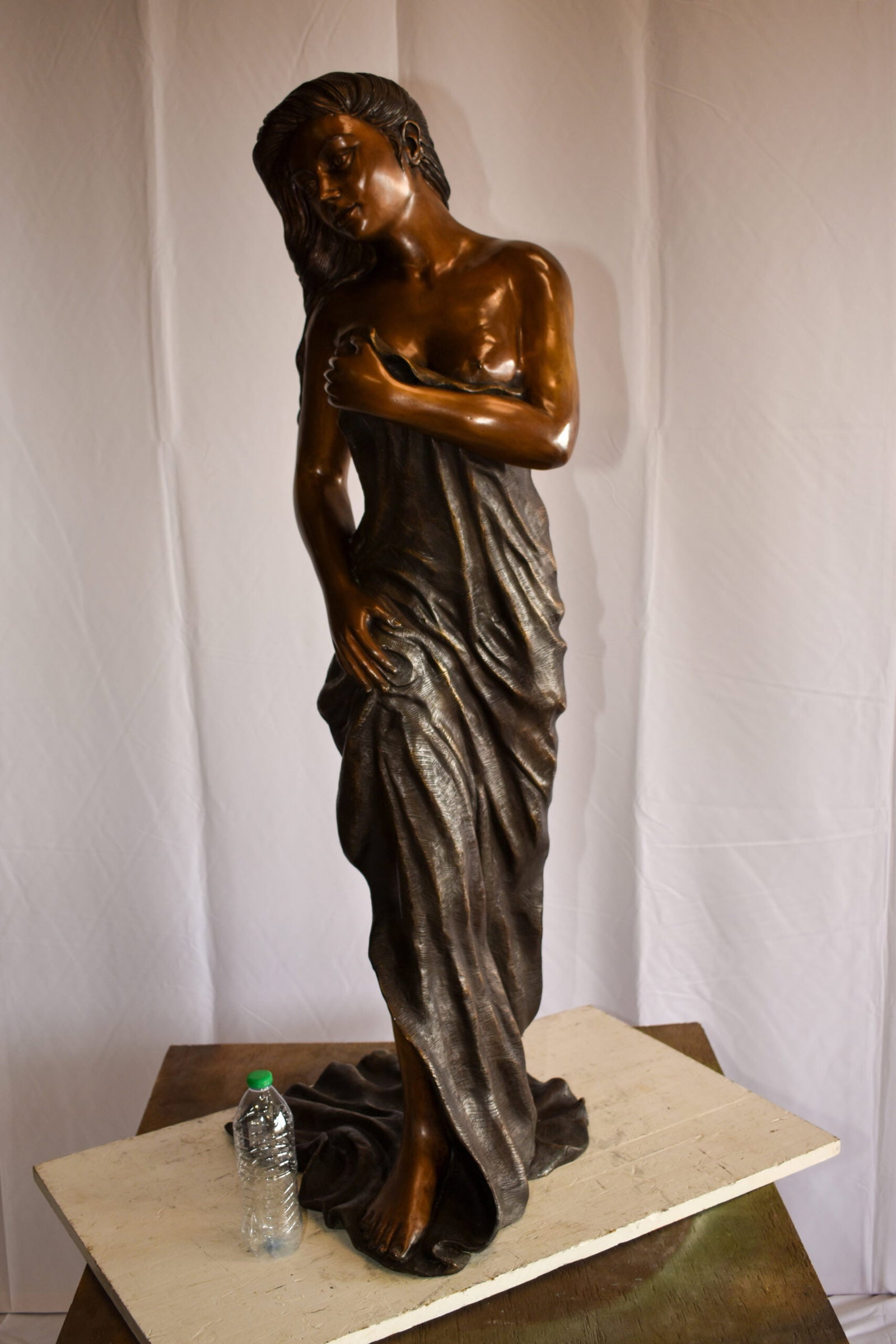 Beautiful Women Nude Art Holding Drape Bronze Statue 22" x 18" x 49"H - 3