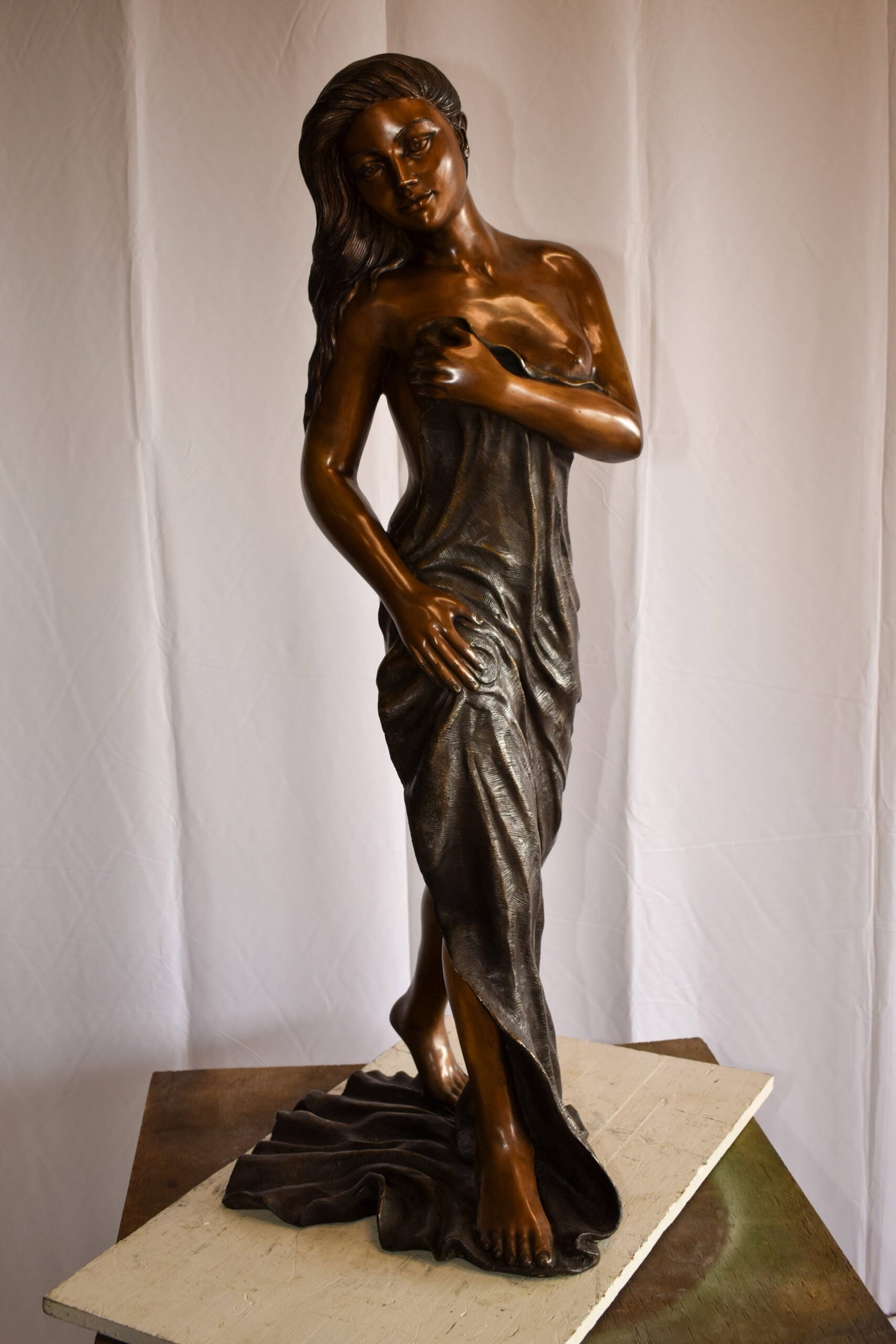 Beautiful Women Nude Art Holding Drape Bronze Statue 22" x 18" x 49"H - 4