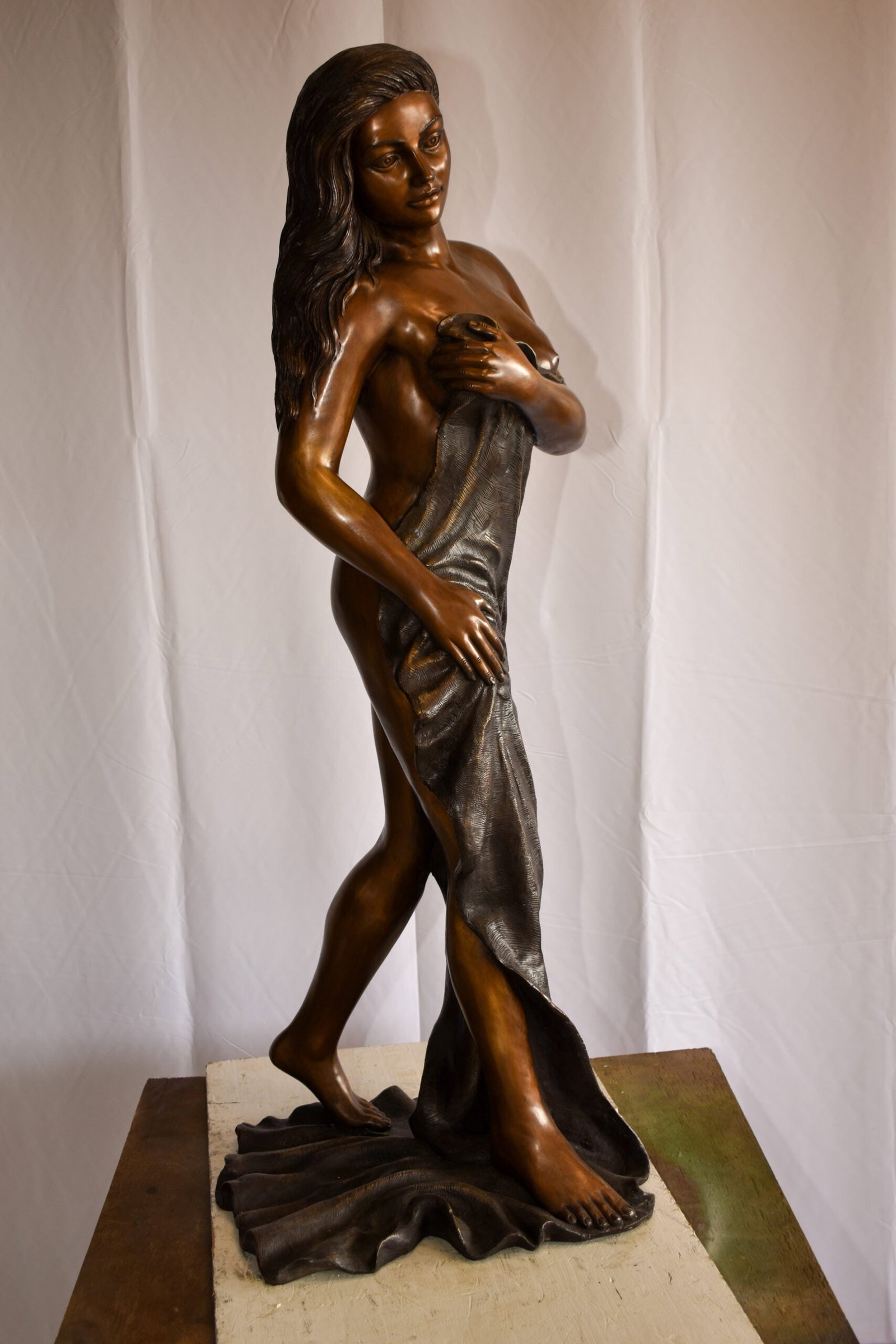 Beautiful Women Nude Art Holding Drape Bronze Statue 22" x 18" x 49"H - 5