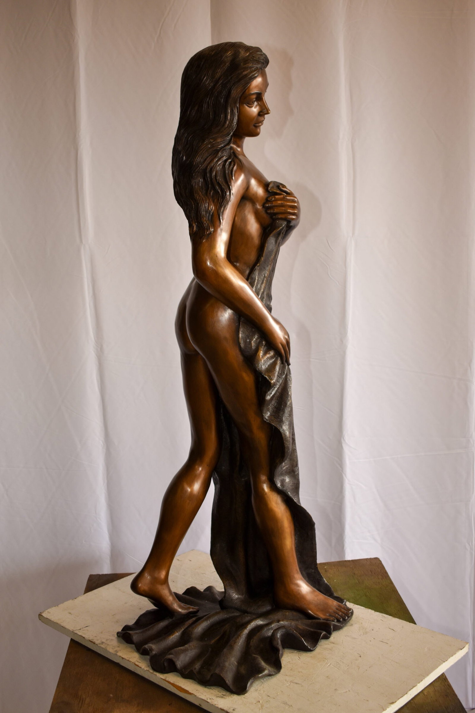 Beautiful Women Nude Art Holding Drape Bronze Statue 22" x 18" x 49"H - 6
