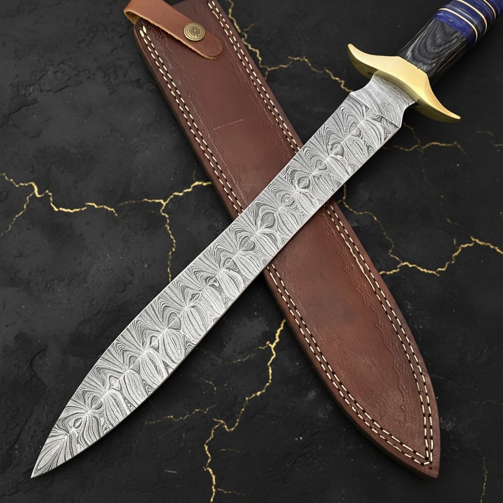 Handmade Damascus Steel Bowie Hunting Knife Large Fixed Blade with Sheath - 3