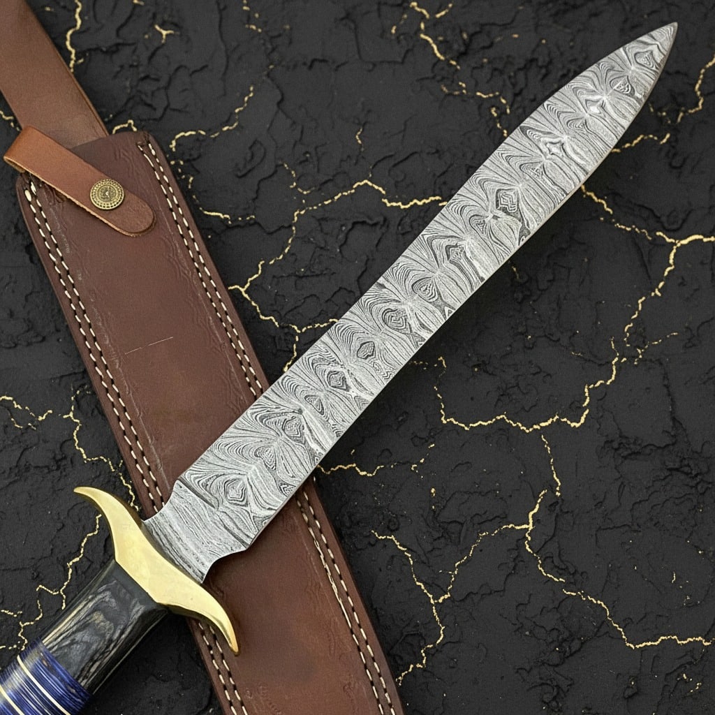 Handmade Damascus Steel Bowie Hunting Knife Large Fixed Blade with Sheath - 6