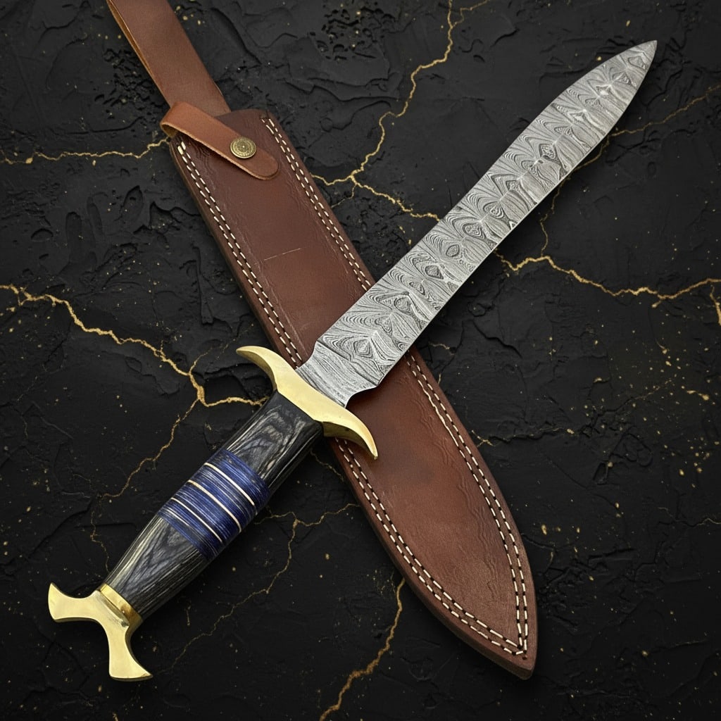 Handmade Damascus Steel Bowie Hunting Knife Large Fixed Blade with Sheath - 8
