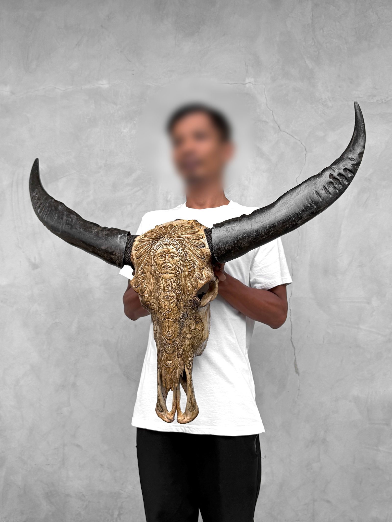 Brown water buffalo skull - Native american indian motif - 2